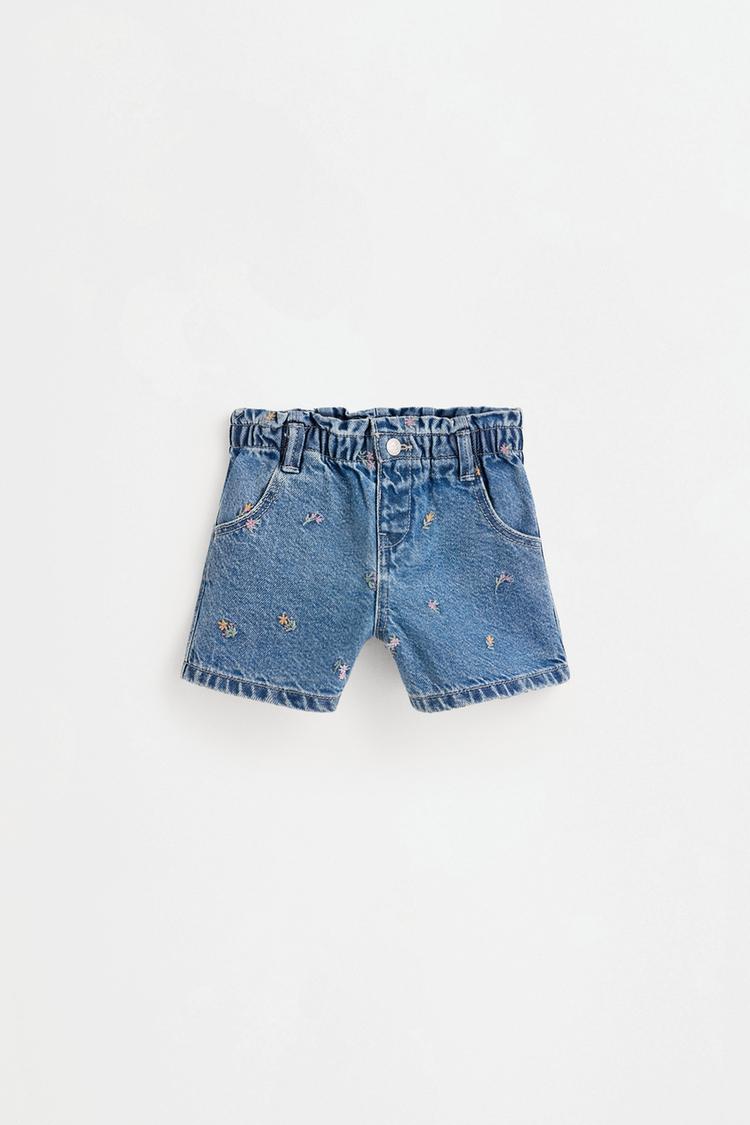 Embroidered paperbag denim shorts — NAVY
