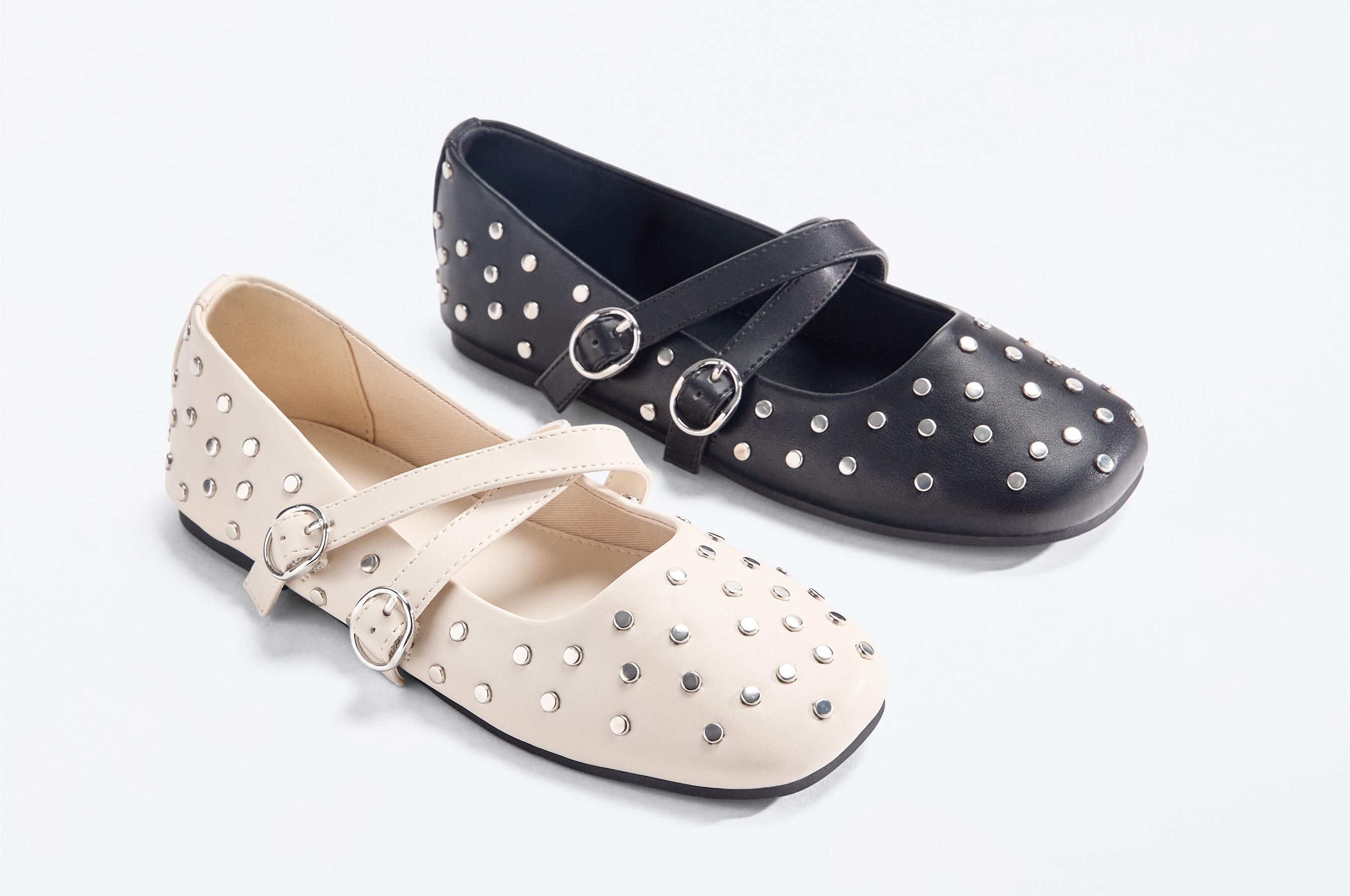 Girls' studded ballet flats — ECRU