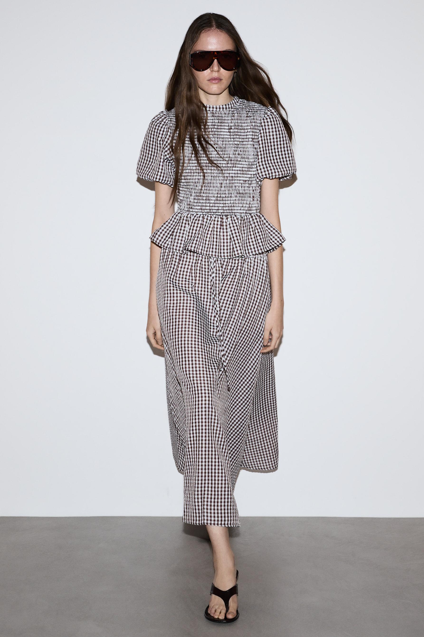 Gingham midi skirt — BROWN/WHITE