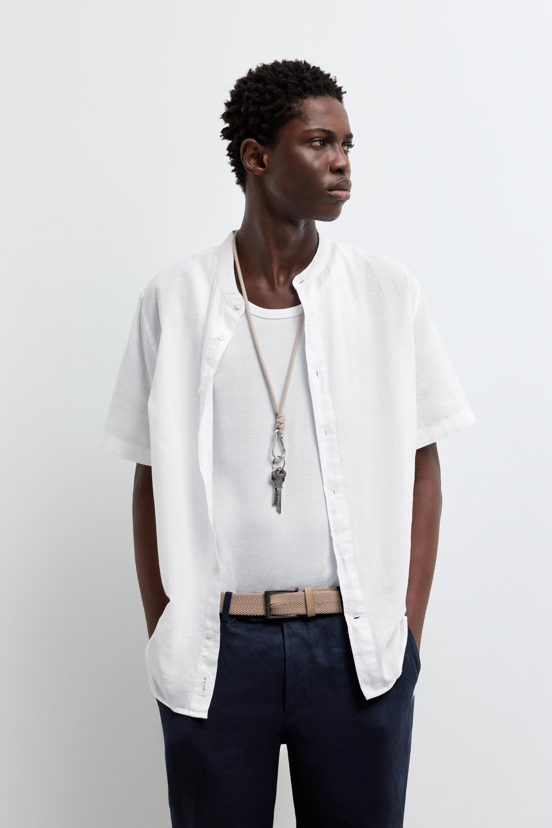 Linen-cotton stand collar shirt — WHITE