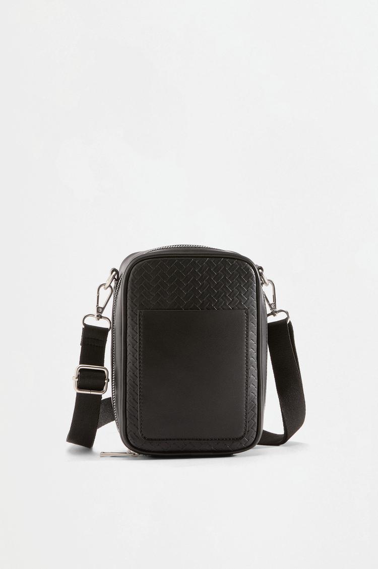 Vertical braided-effect crossbody bag — BLACK