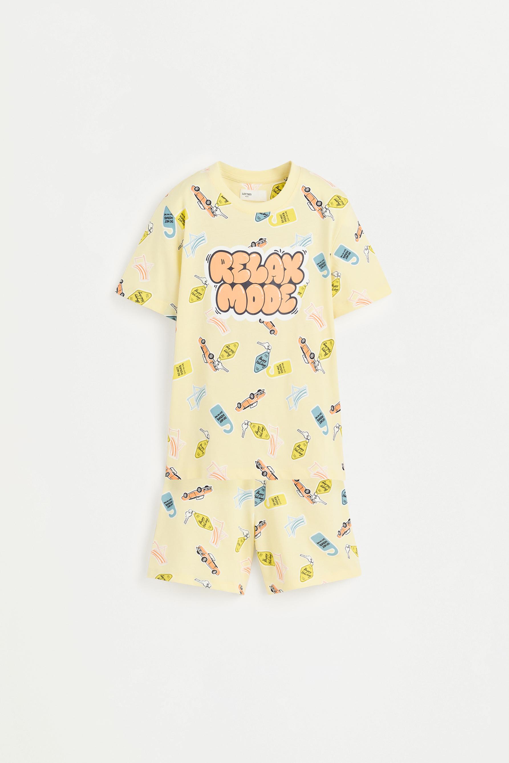 Short printed pyjamas with slogan — PASTEL YELLOW