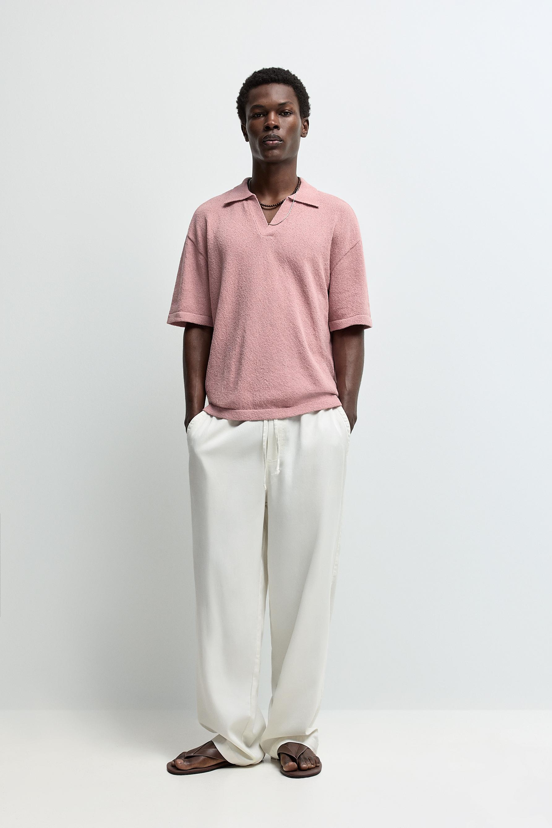 Textured knit polo shirt — ROSE PINK