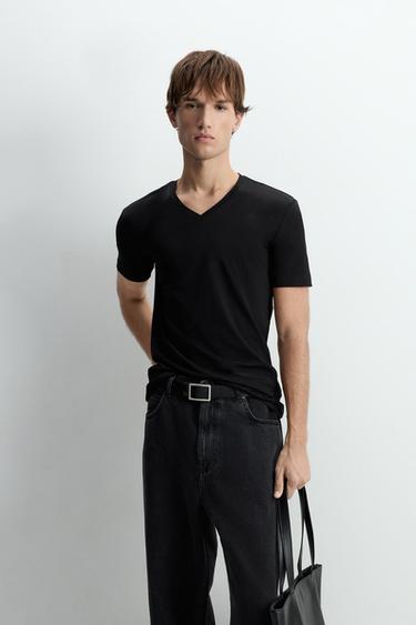 Slim fit V-neck T-shirt — BLACK 1