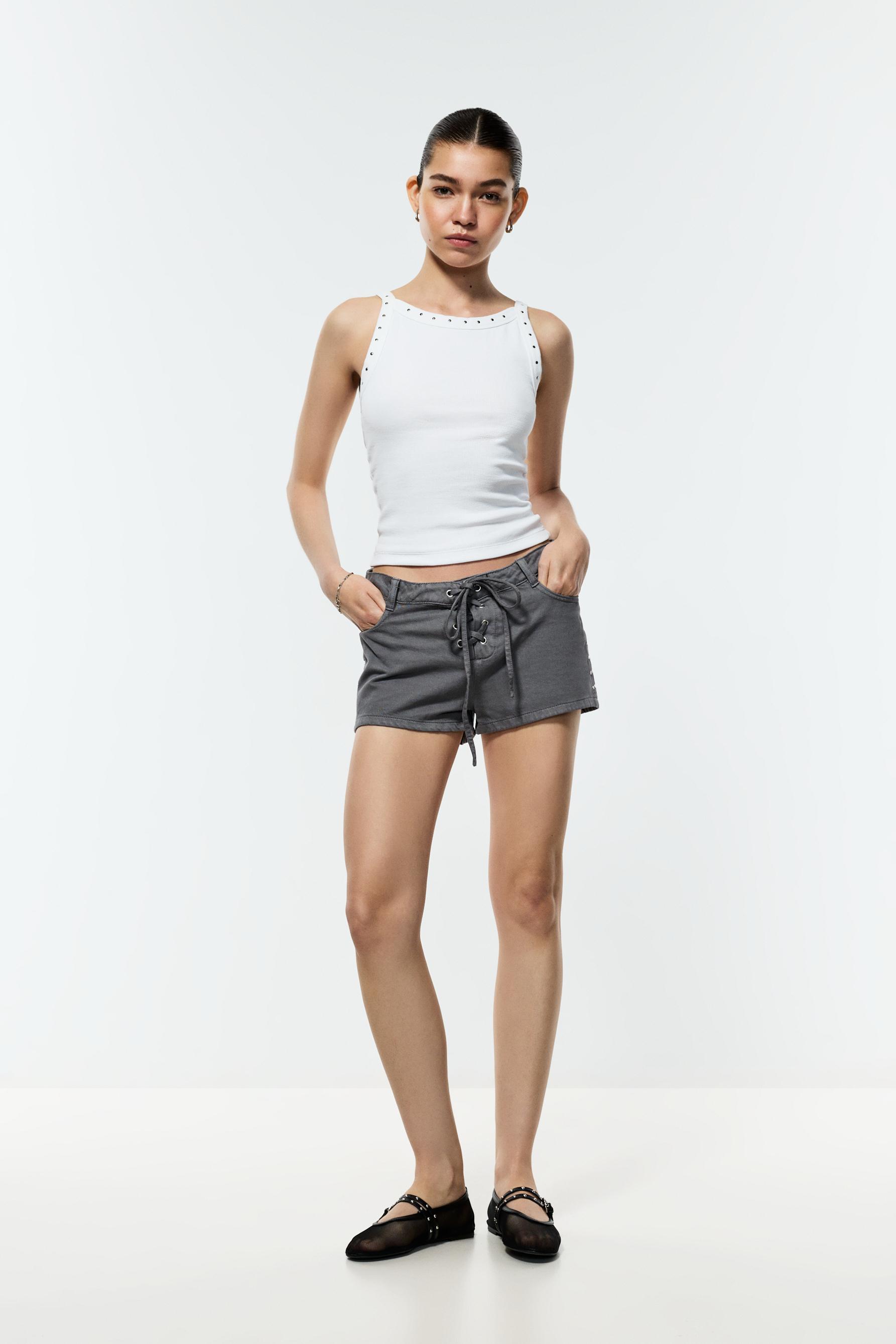 Lightweight denim shorts with ties and studs — CEMENT