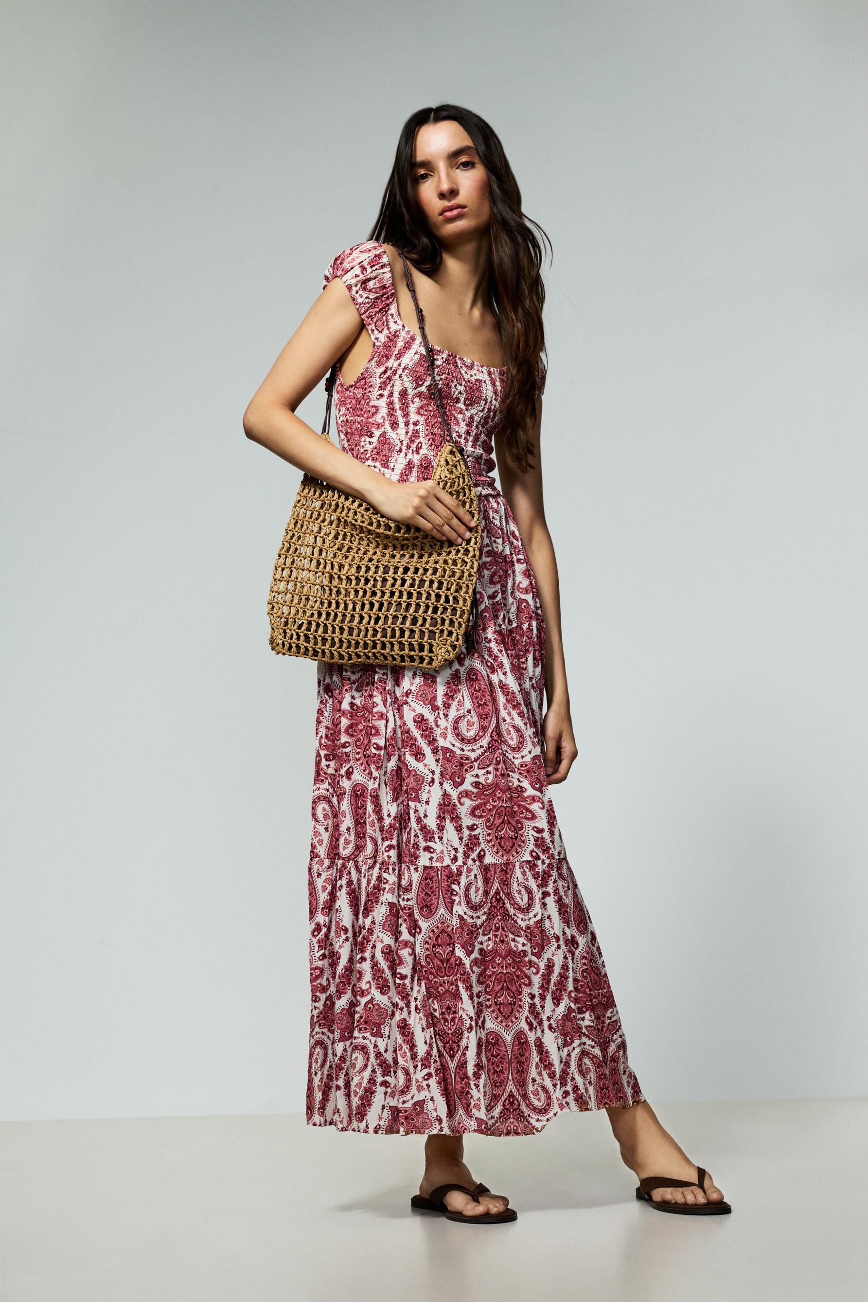 Smocked midi dress — BURGUNDY/ECRU