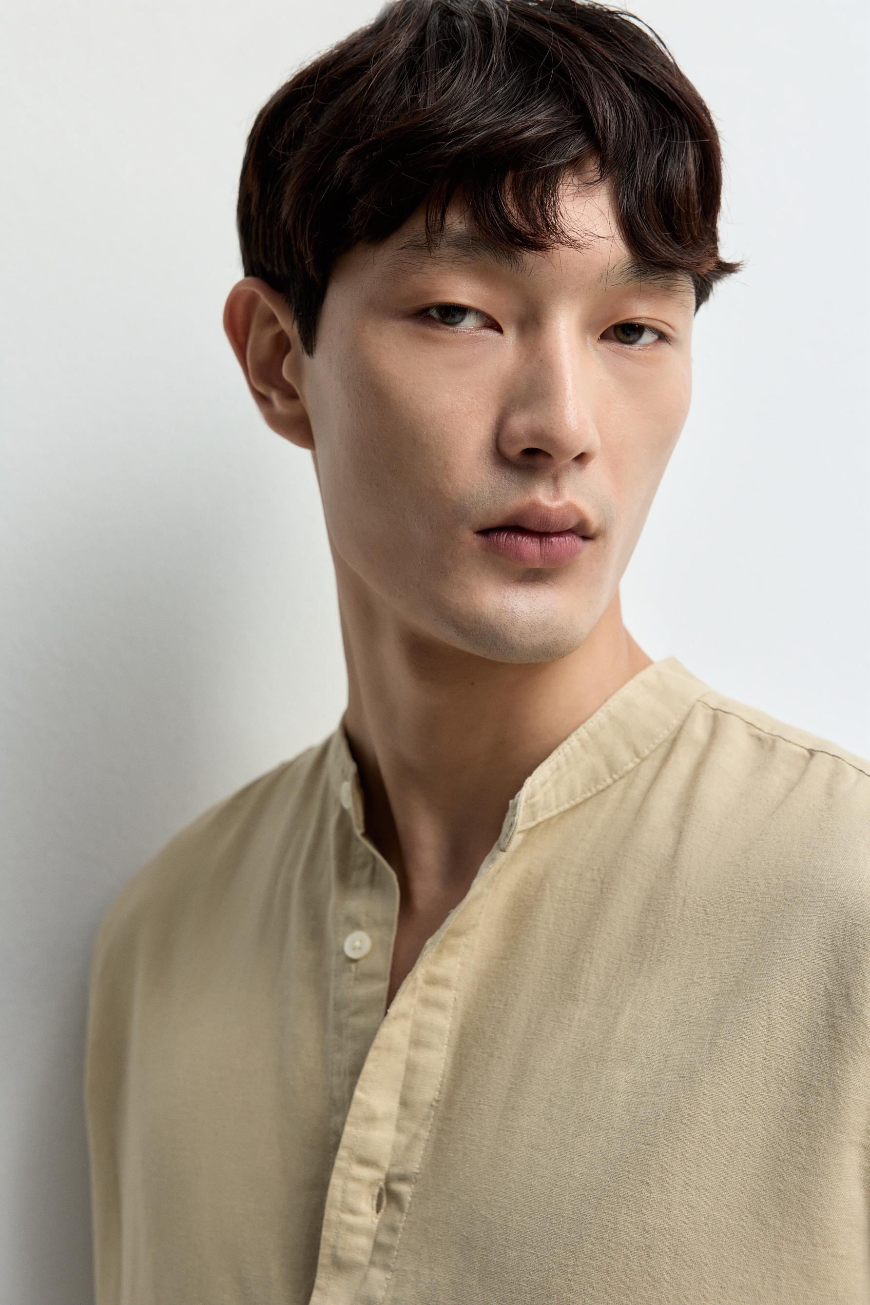 Linen-cotton stand collar shirt — YELLOW