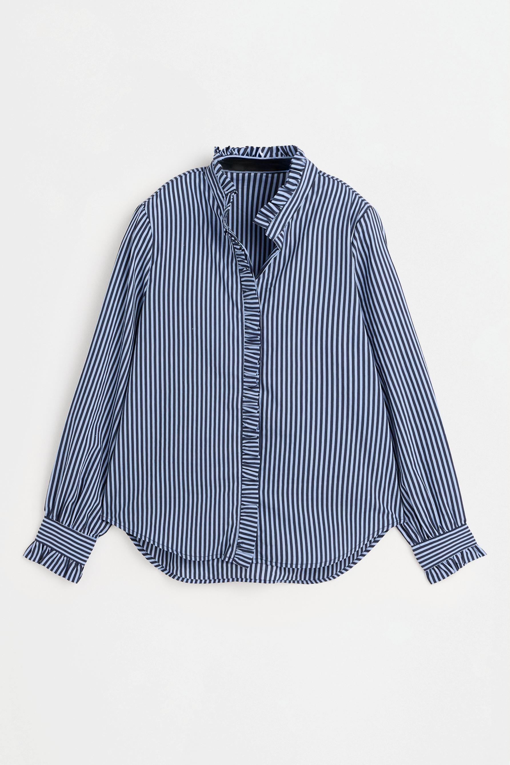 Striped pleated ruffle shirt — INDIGO BLUE