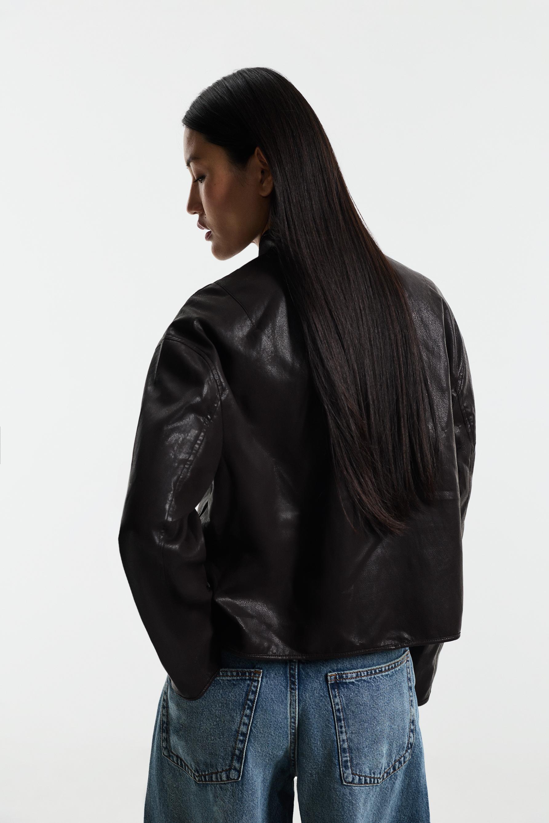 Leather effect short jacket — DARK BROWN