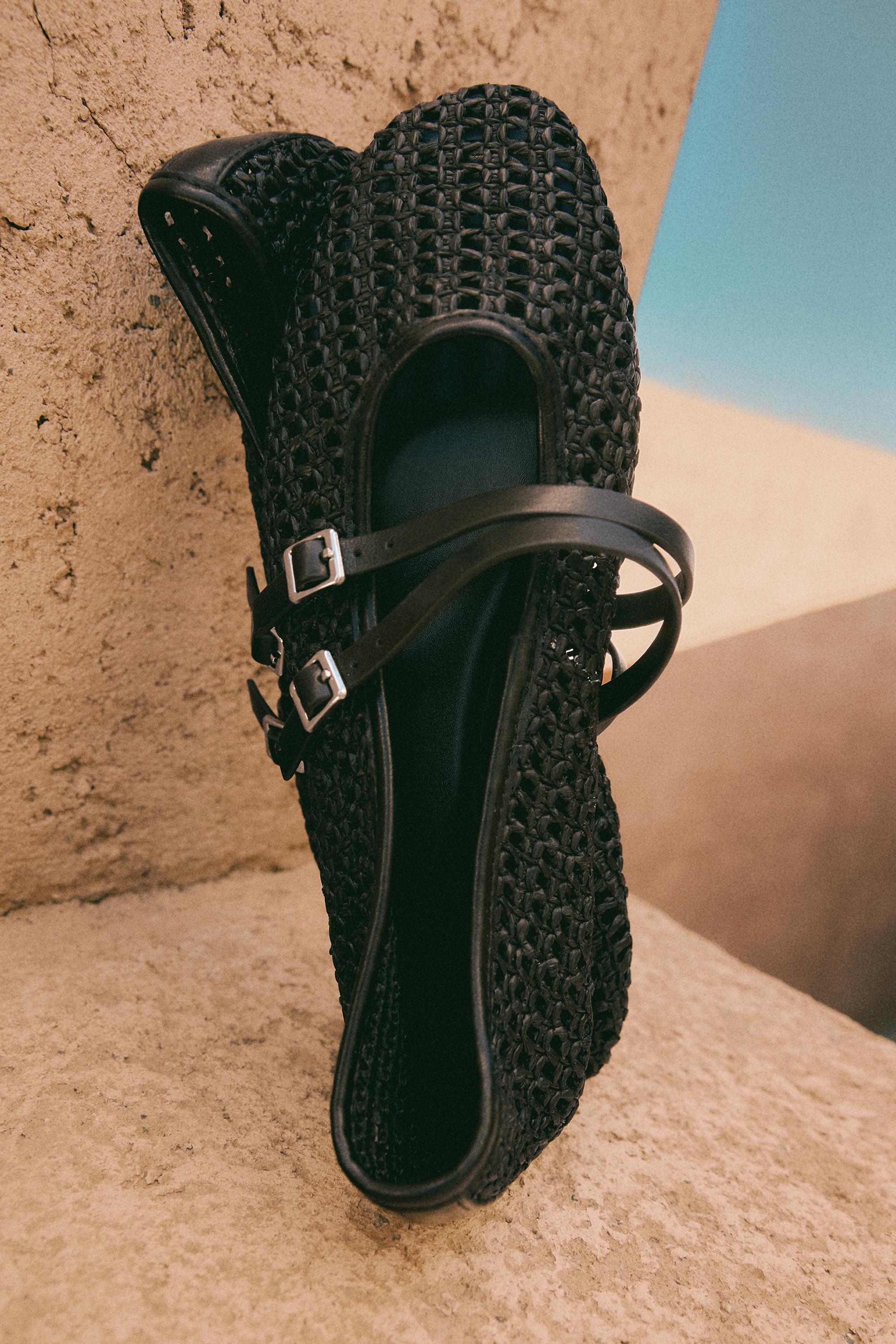 Double strap raffia effect ballet flats — BLACK