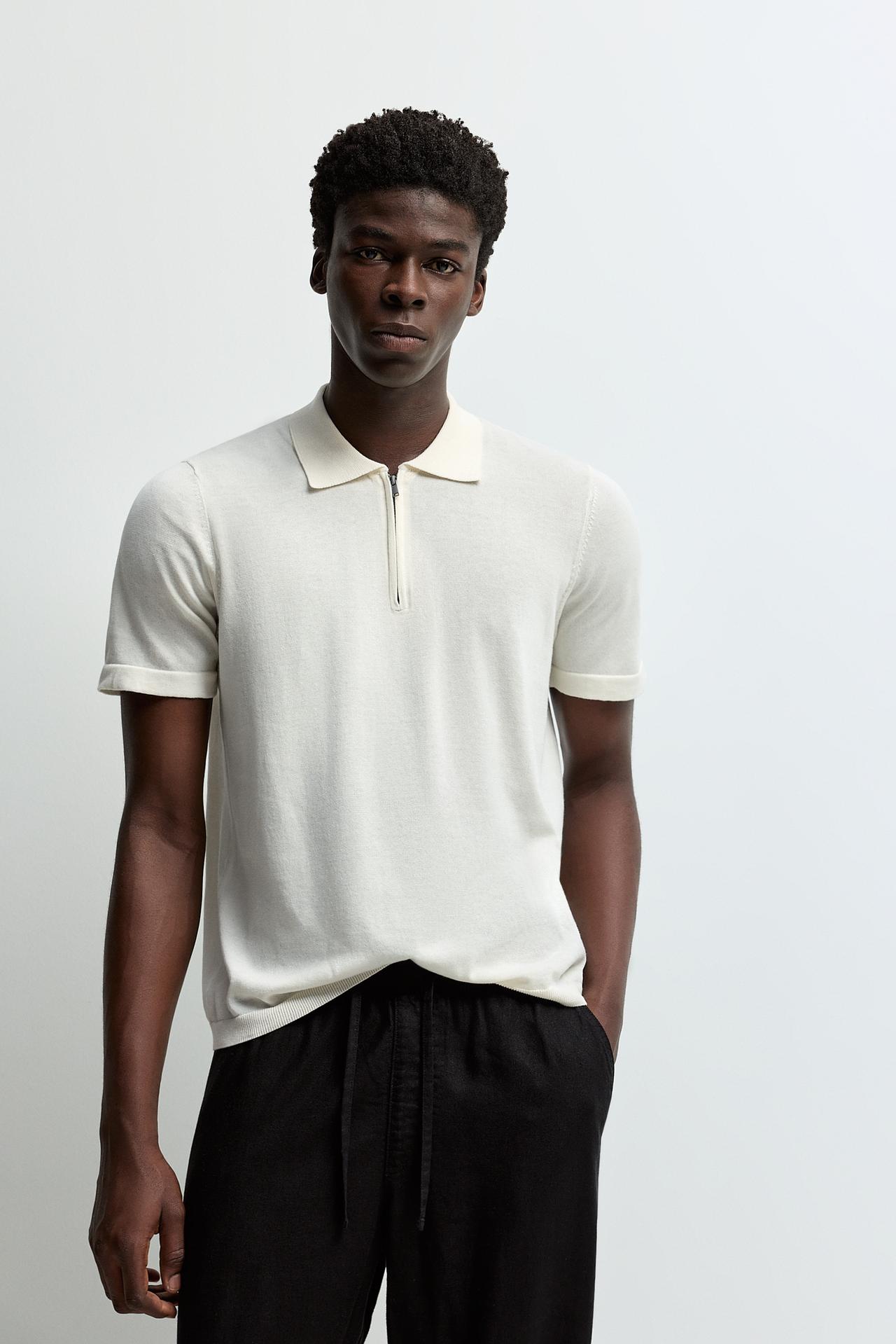 Zip-up knit polo — OFF WHITE