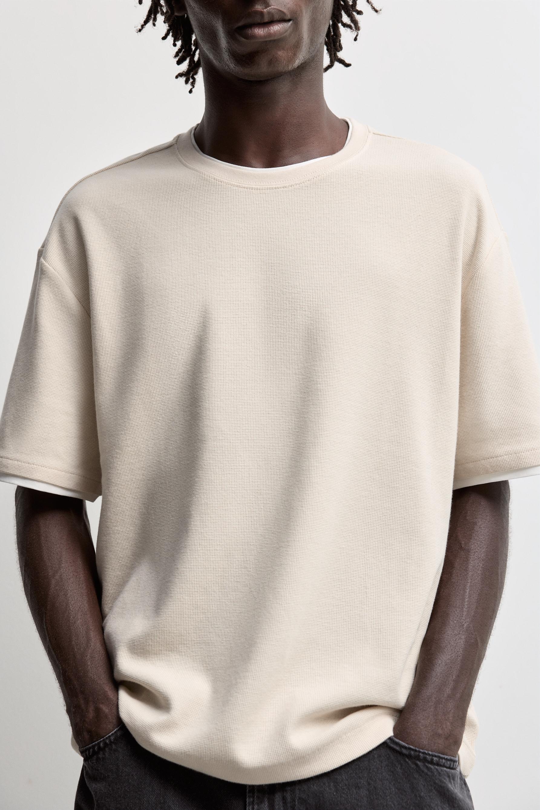 Textured T-shirt with double collar — SAND