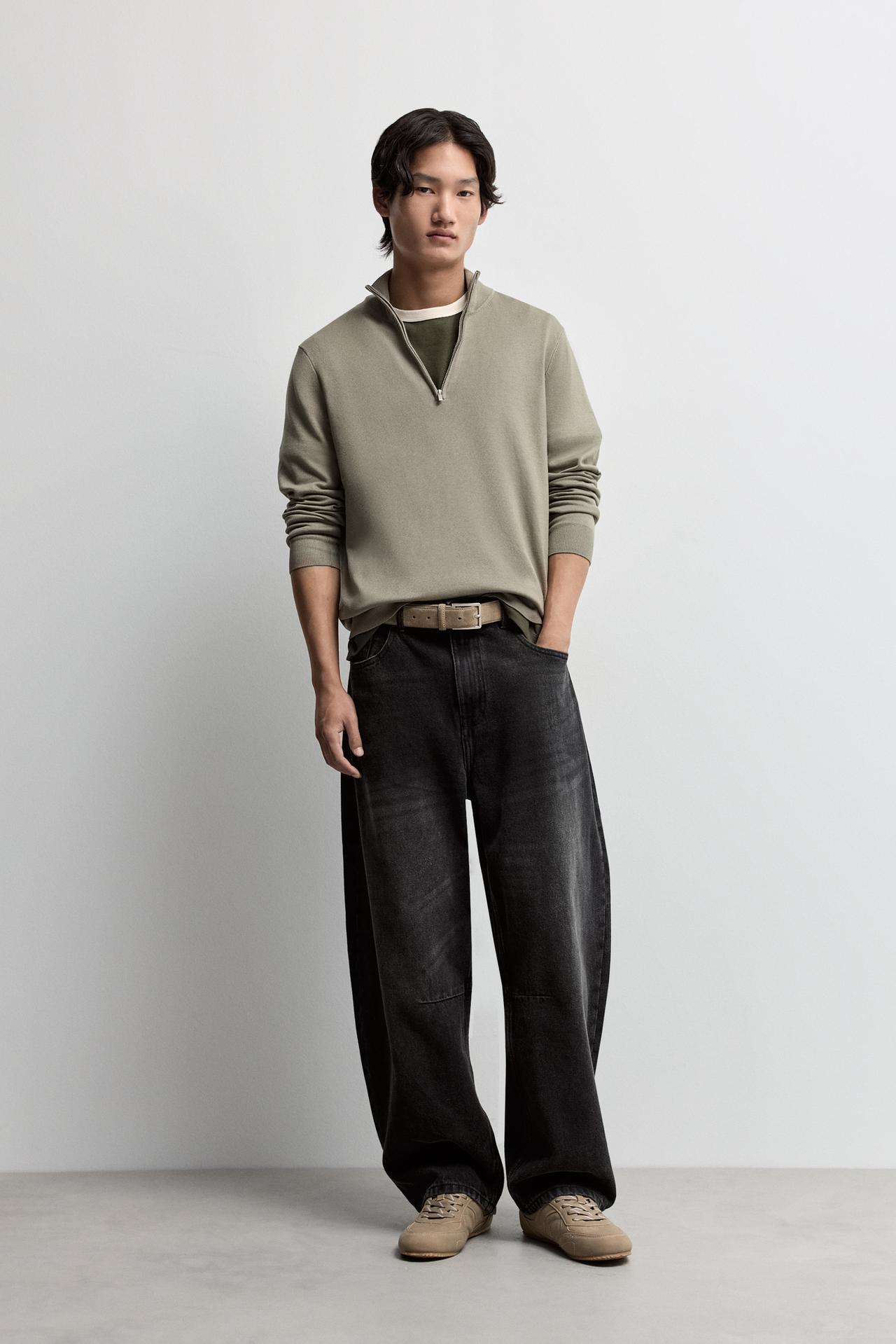 Zip-up high neck sweater — KHAKI