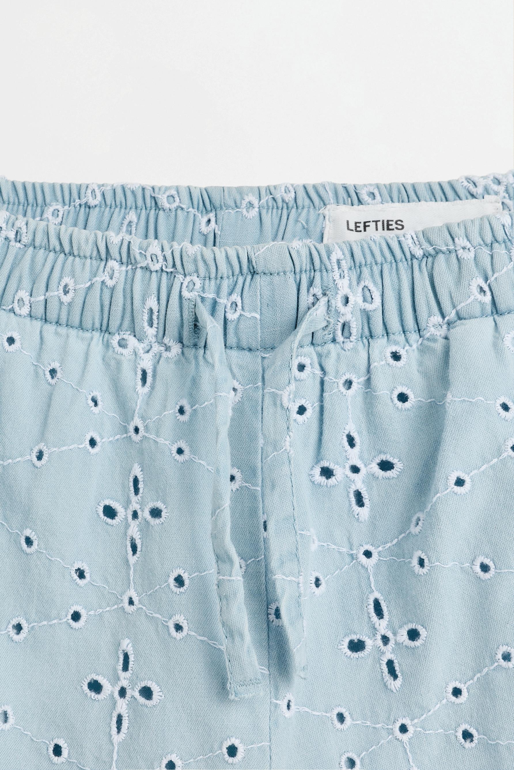 Lightweight Swiss embroidery denim shorts — PALE BLUE