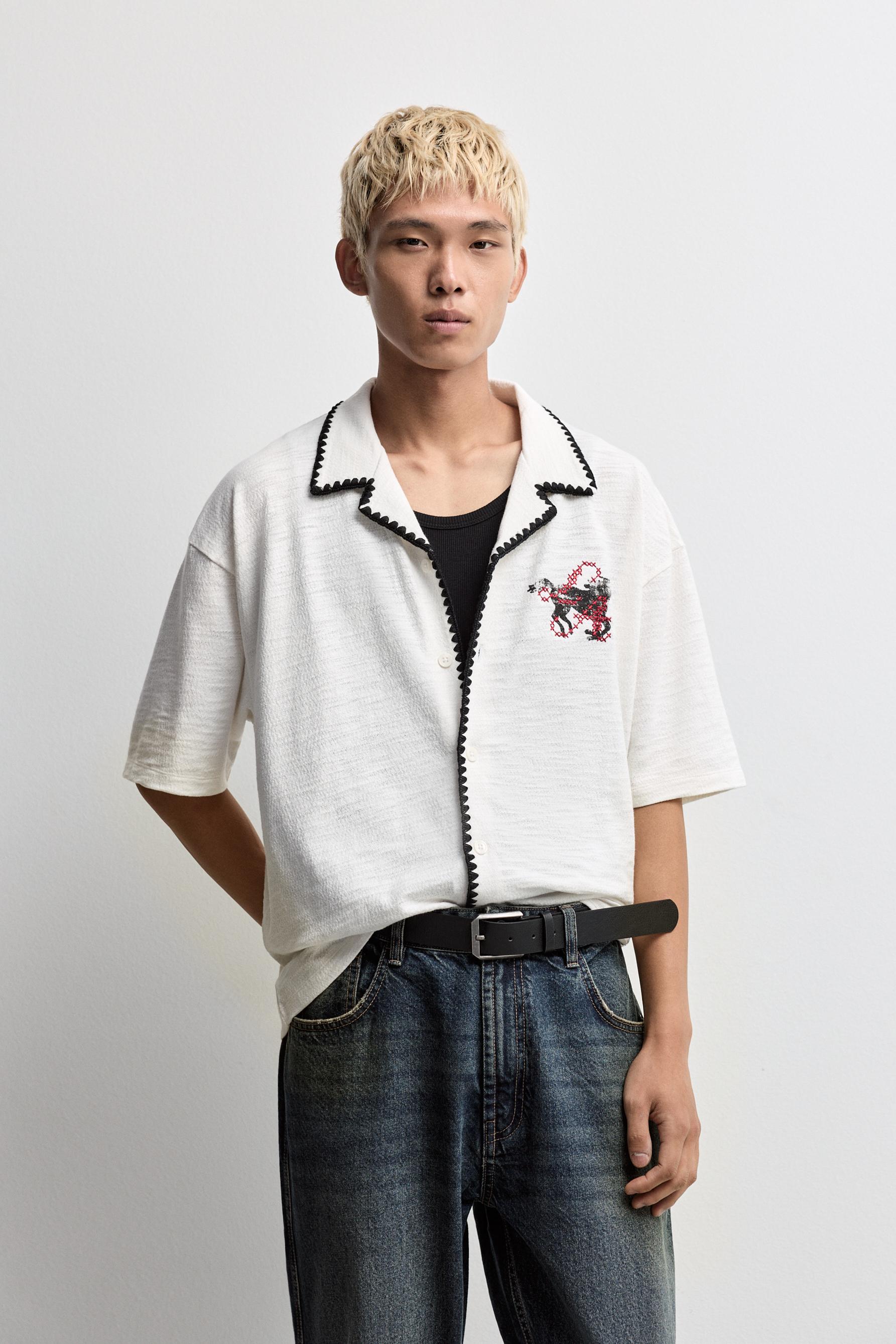 Textured shirt with embroidery — OFF WHITE