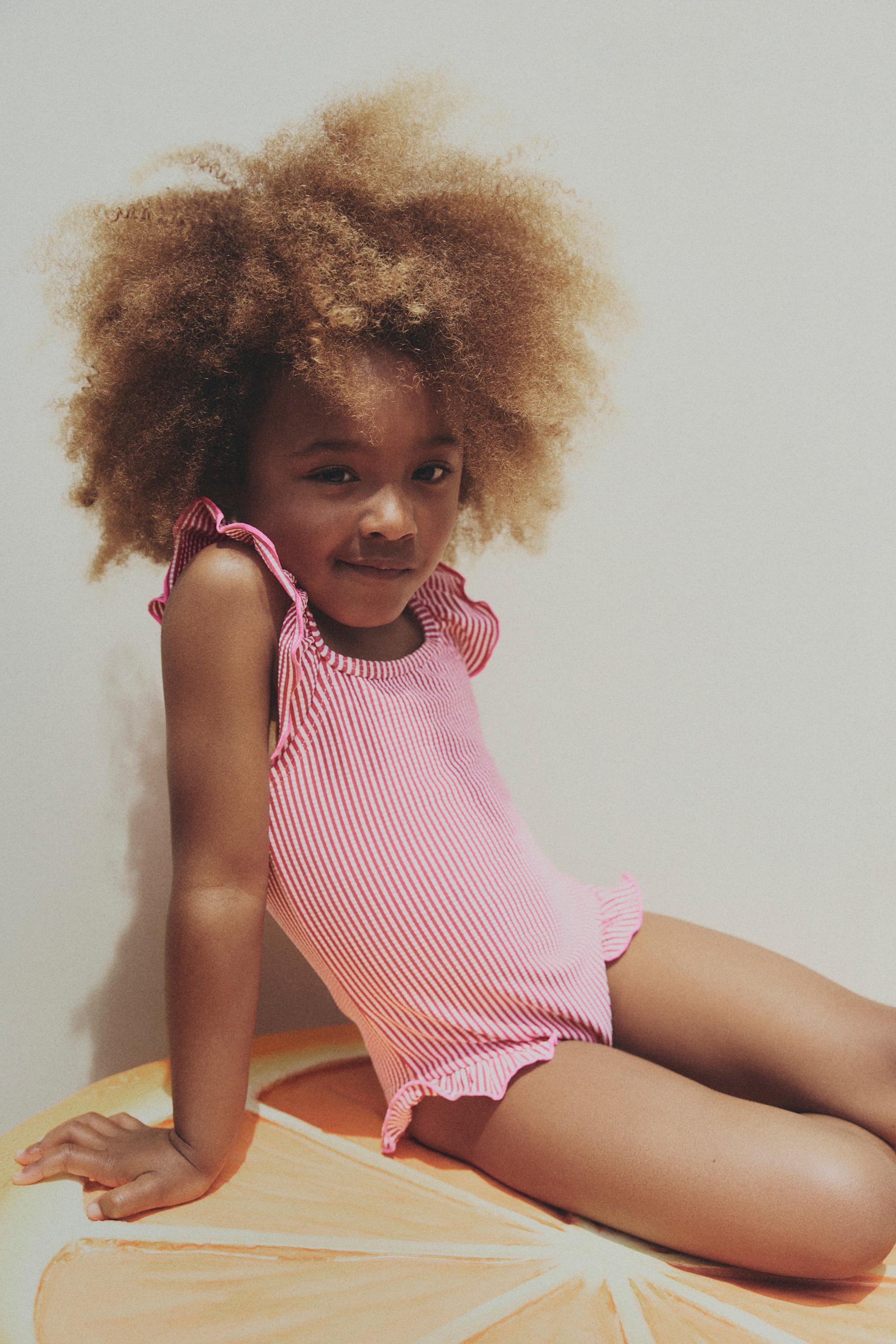 Striped ruffled swimsuit — FUCHSIA