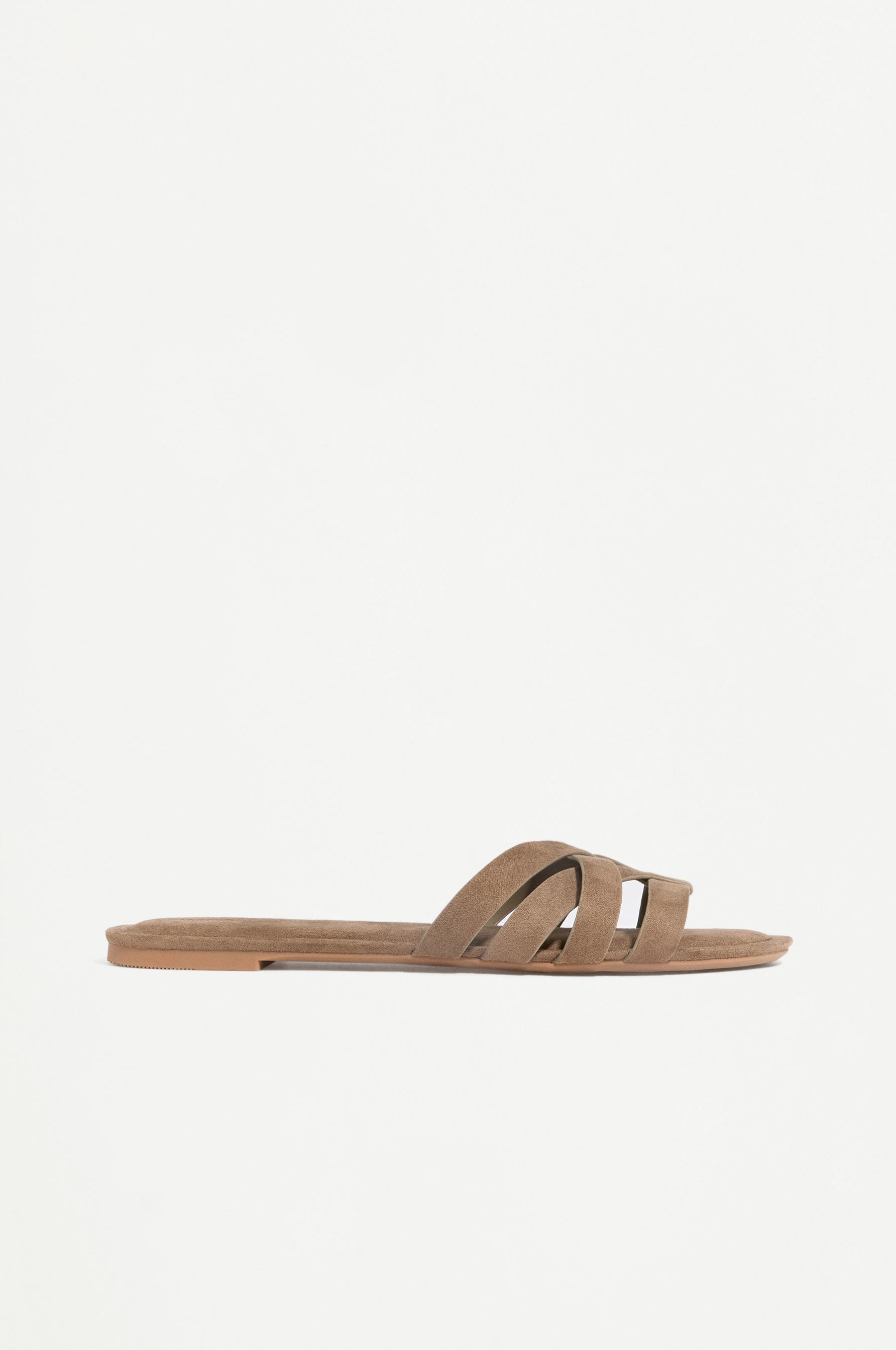 Braided faux suede flat slider sandals — KHAKI