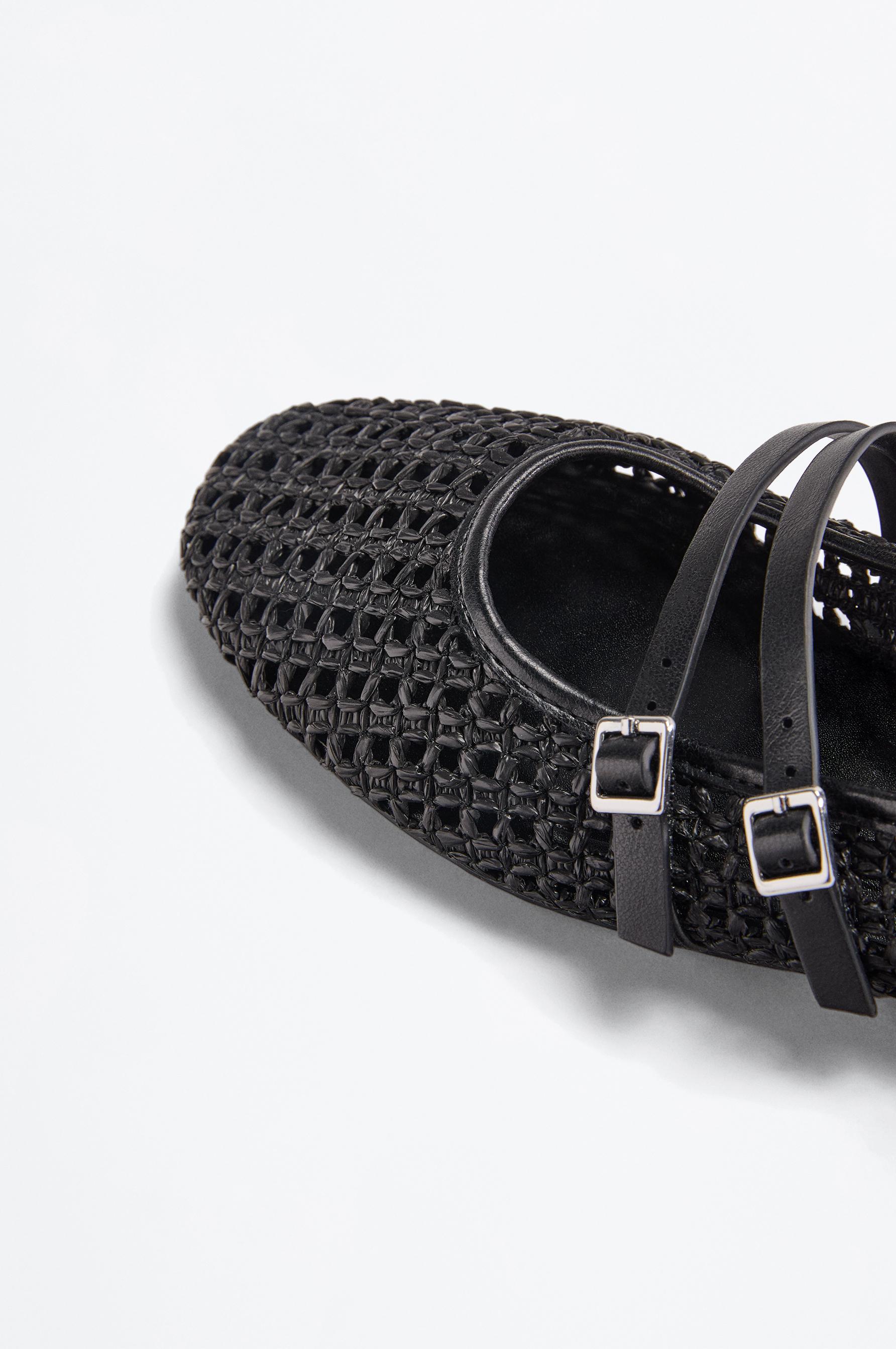 Double strap raffia effect ballet flats — BLACK