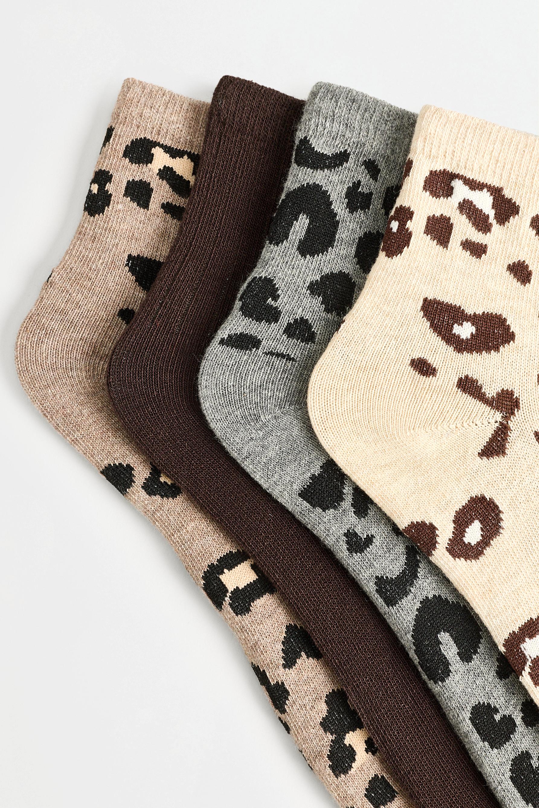 Animal Print Ankle Socks (4-Pack) — BROWN TONES