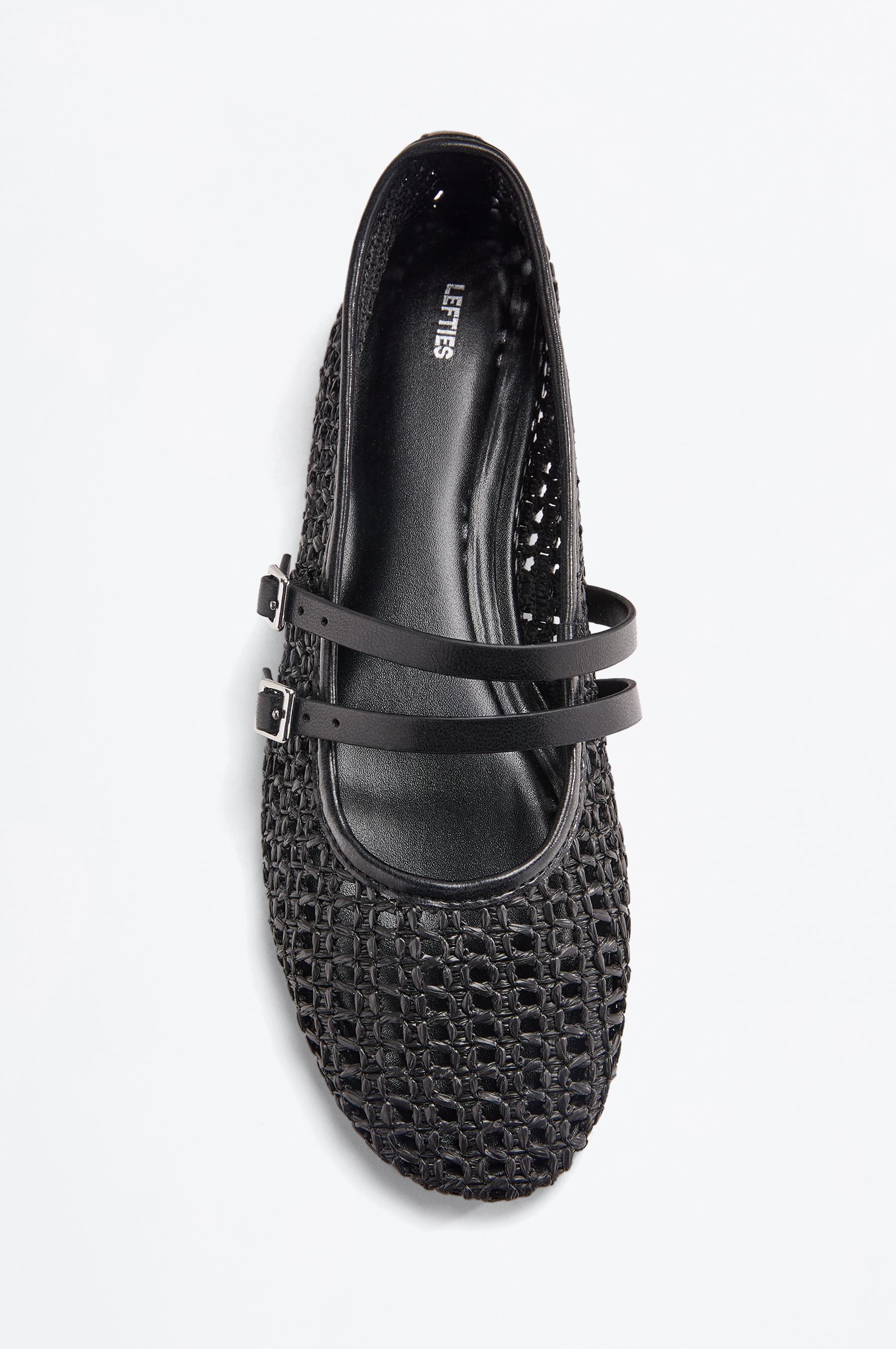 Double strap raffia effect ballet flats — BLACK