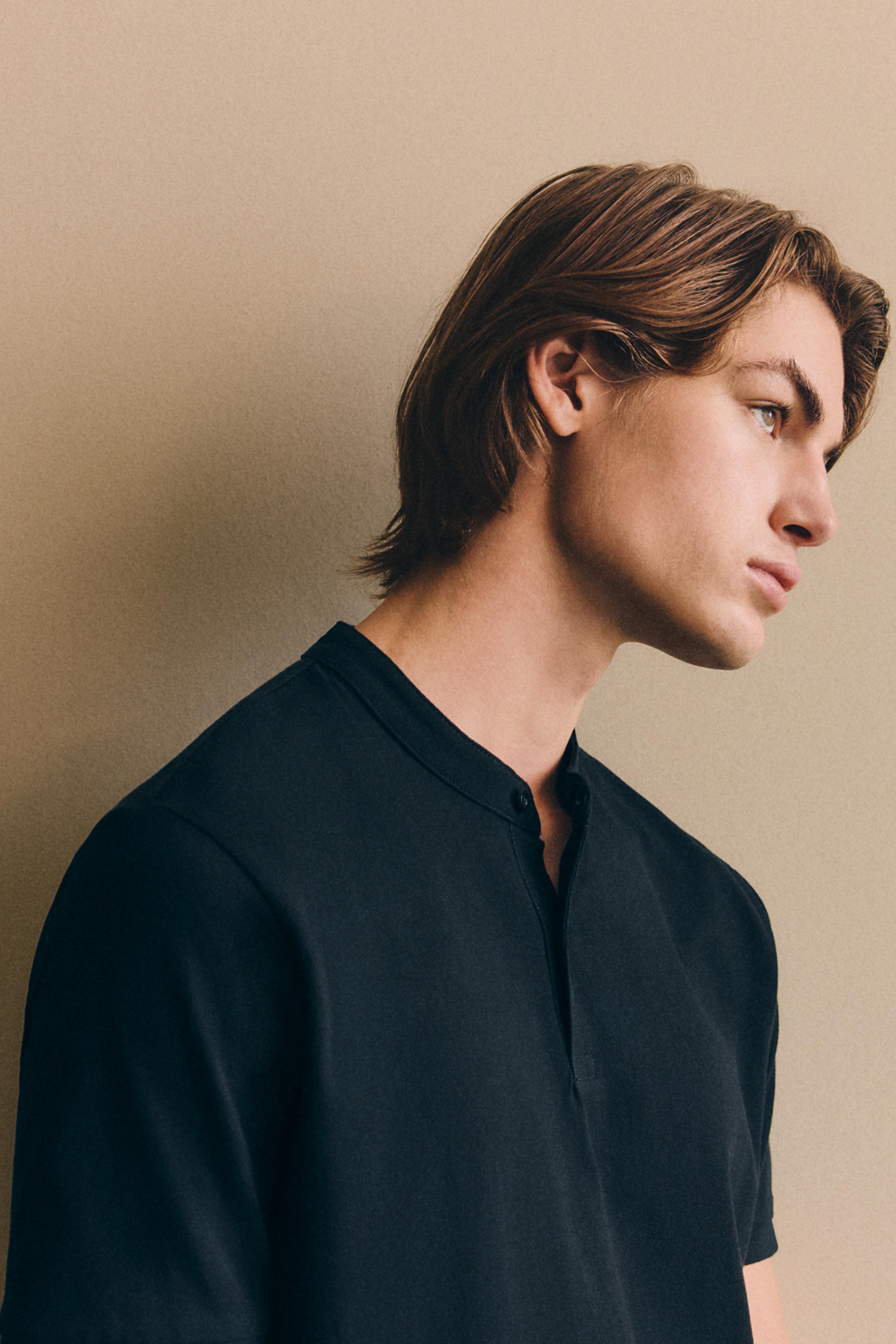 Basic stand collar polo shirt — BLACK