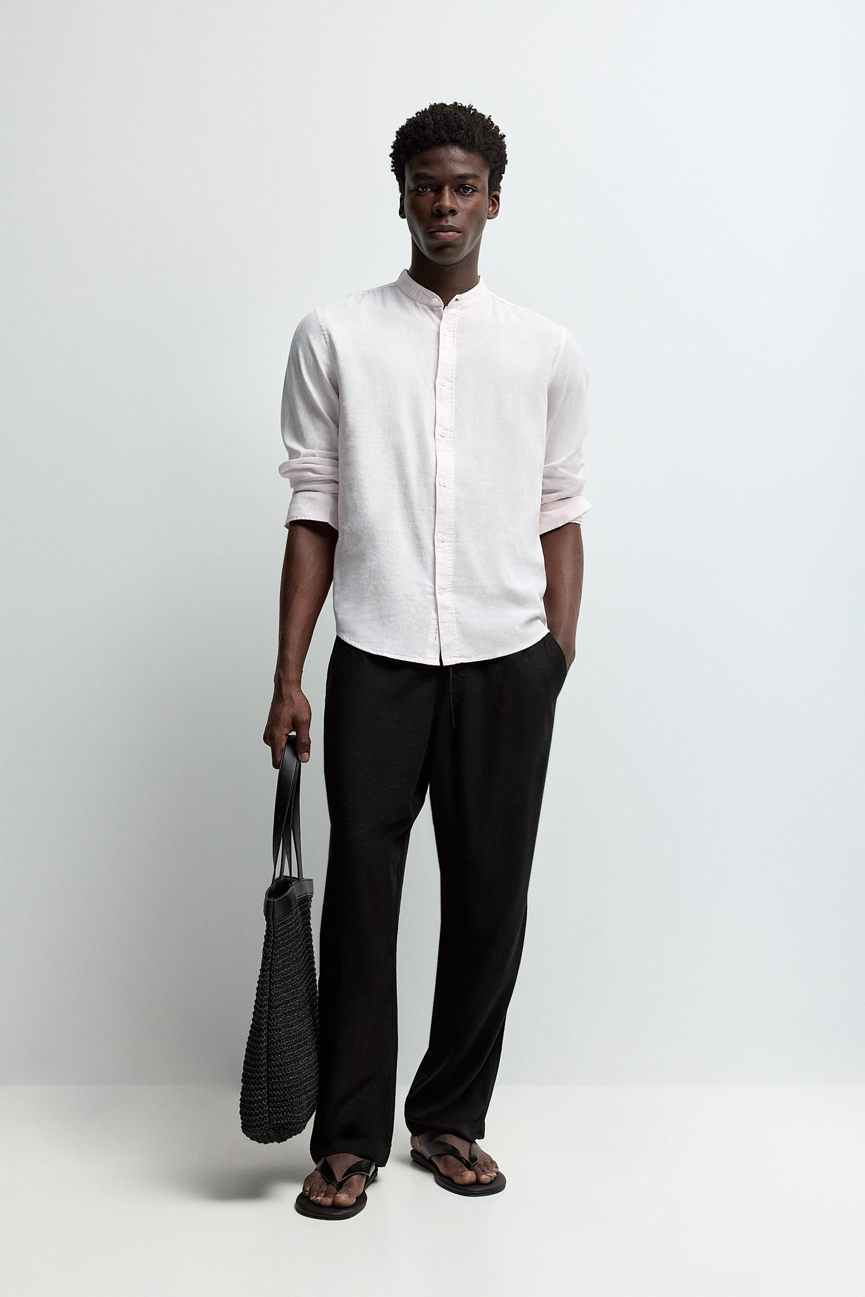 Linen and cotton stand collar shirt — NEON PINK