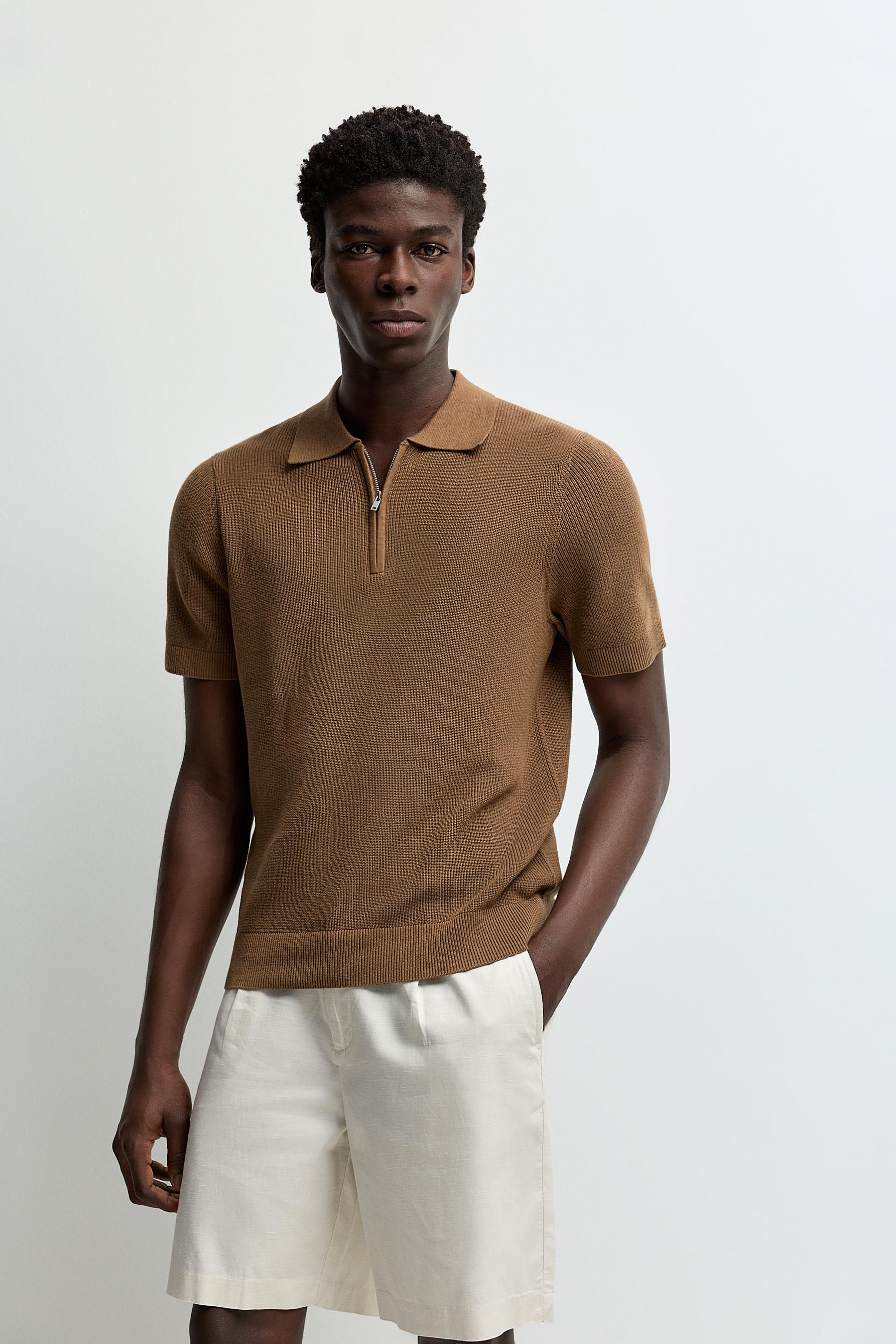 Zip-up knit polo — CAMEL