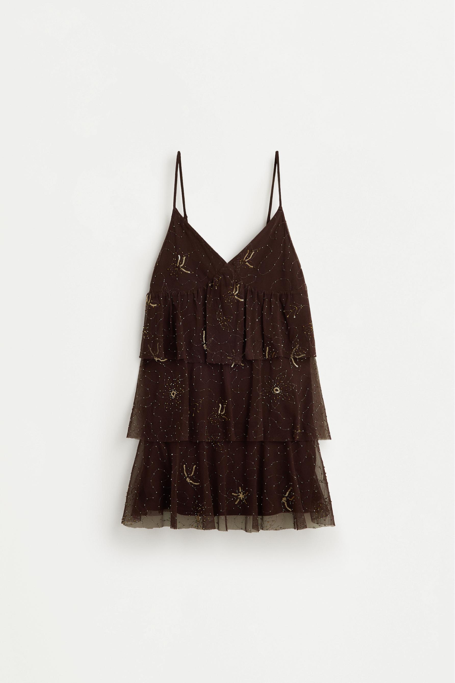 Short dress with rhinestone embroidery — BROWN