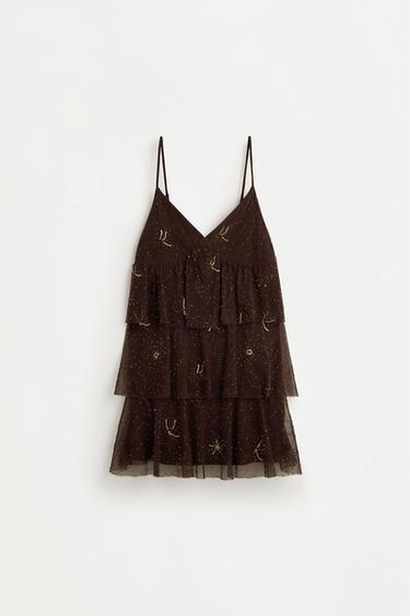 Short dress with rhinestone embroidery — BROWN 6