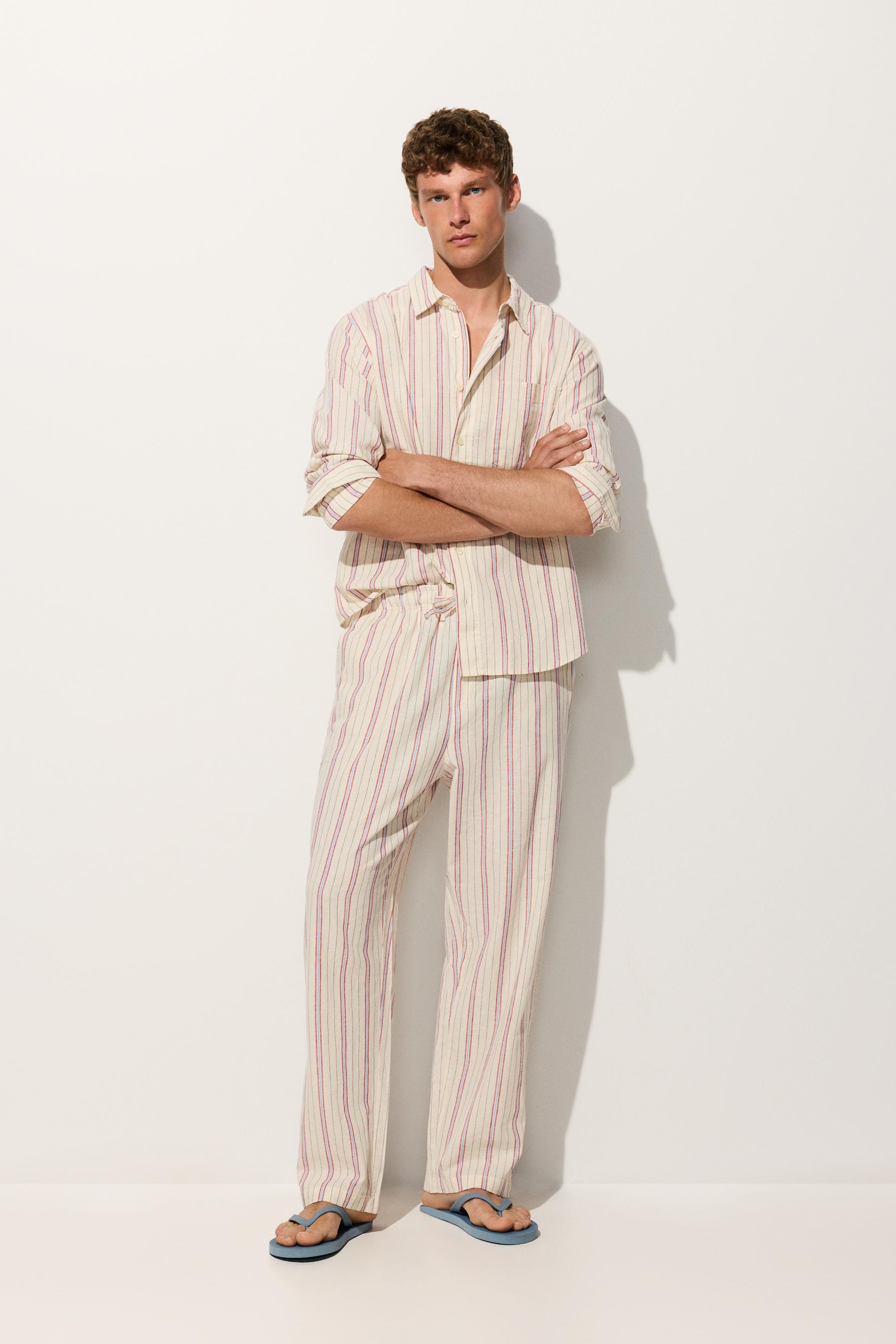 Striped linen-cotton trousers — OFF WHITE