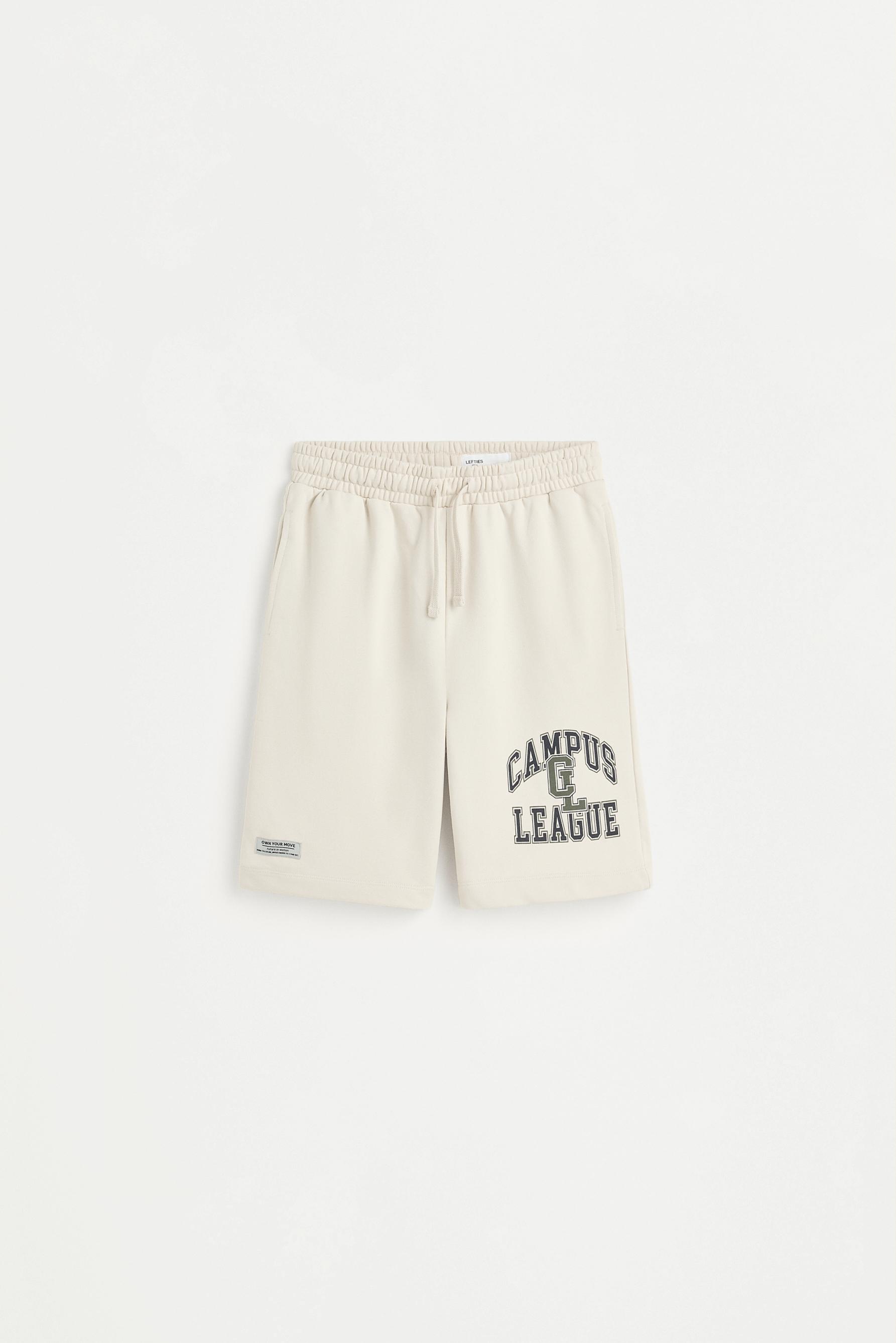 Plush Bermuda shorts with text — PALE MINK