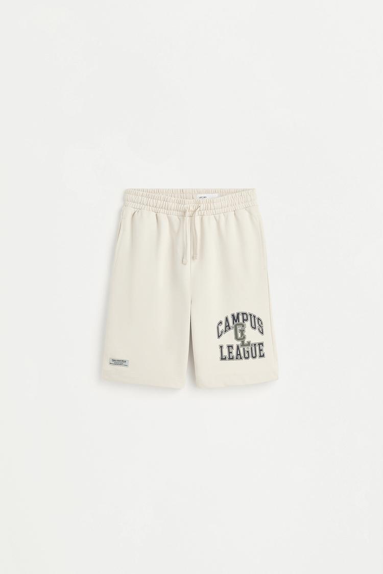 Plush Bermuda shorts with text — PALE MINK