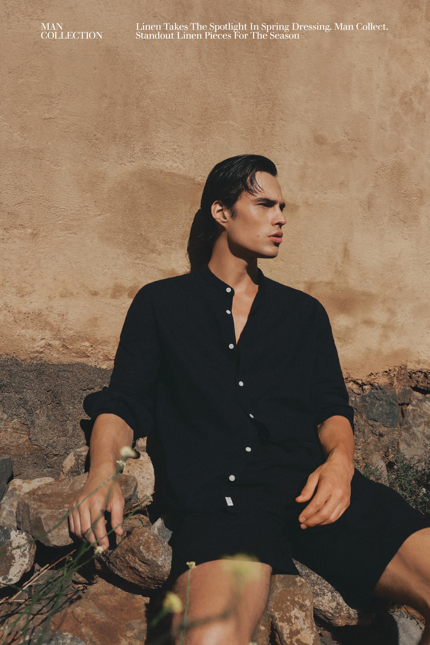 Linen and cotton stand collar shirt — BLACK
