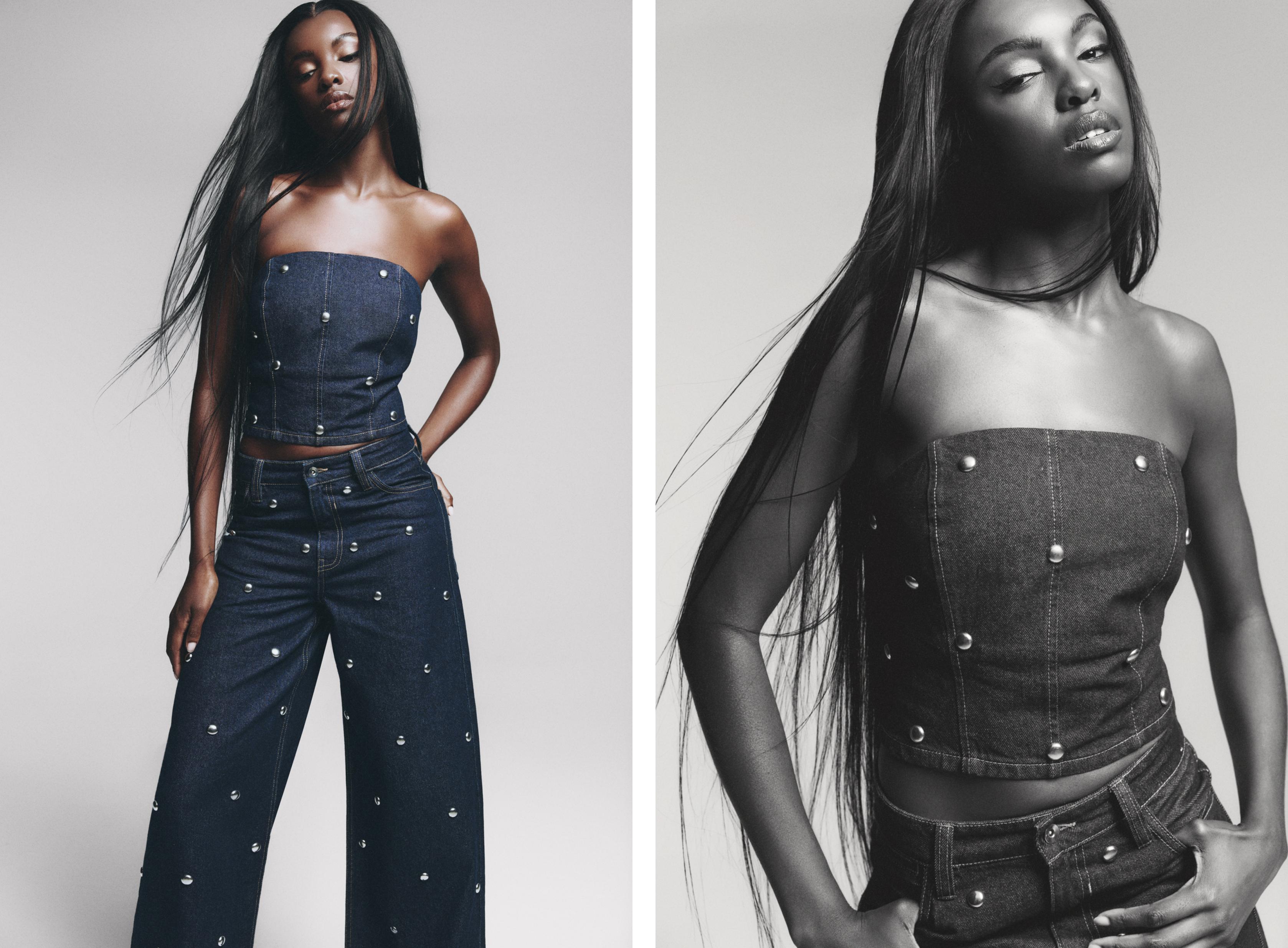 Studded denim top — NAVY