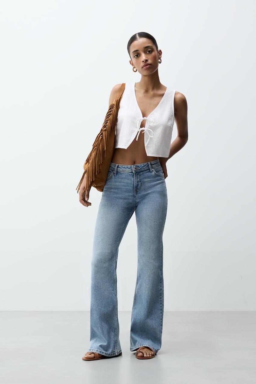 Cintura Jeans Tiro Corto Mujer Campana Vaqueros Bajos De Cintura