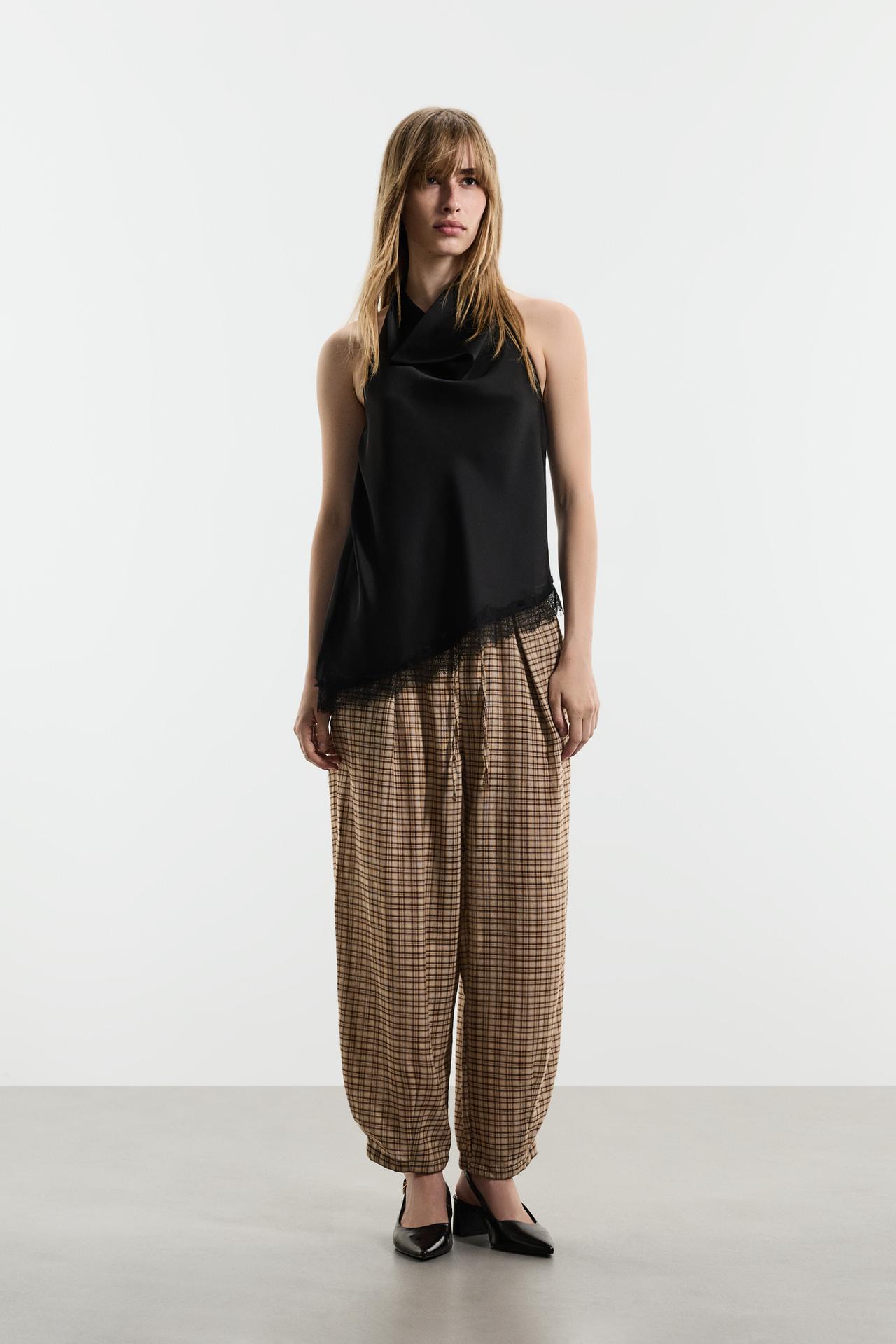 Balloon fit checked joggers — BEIGE