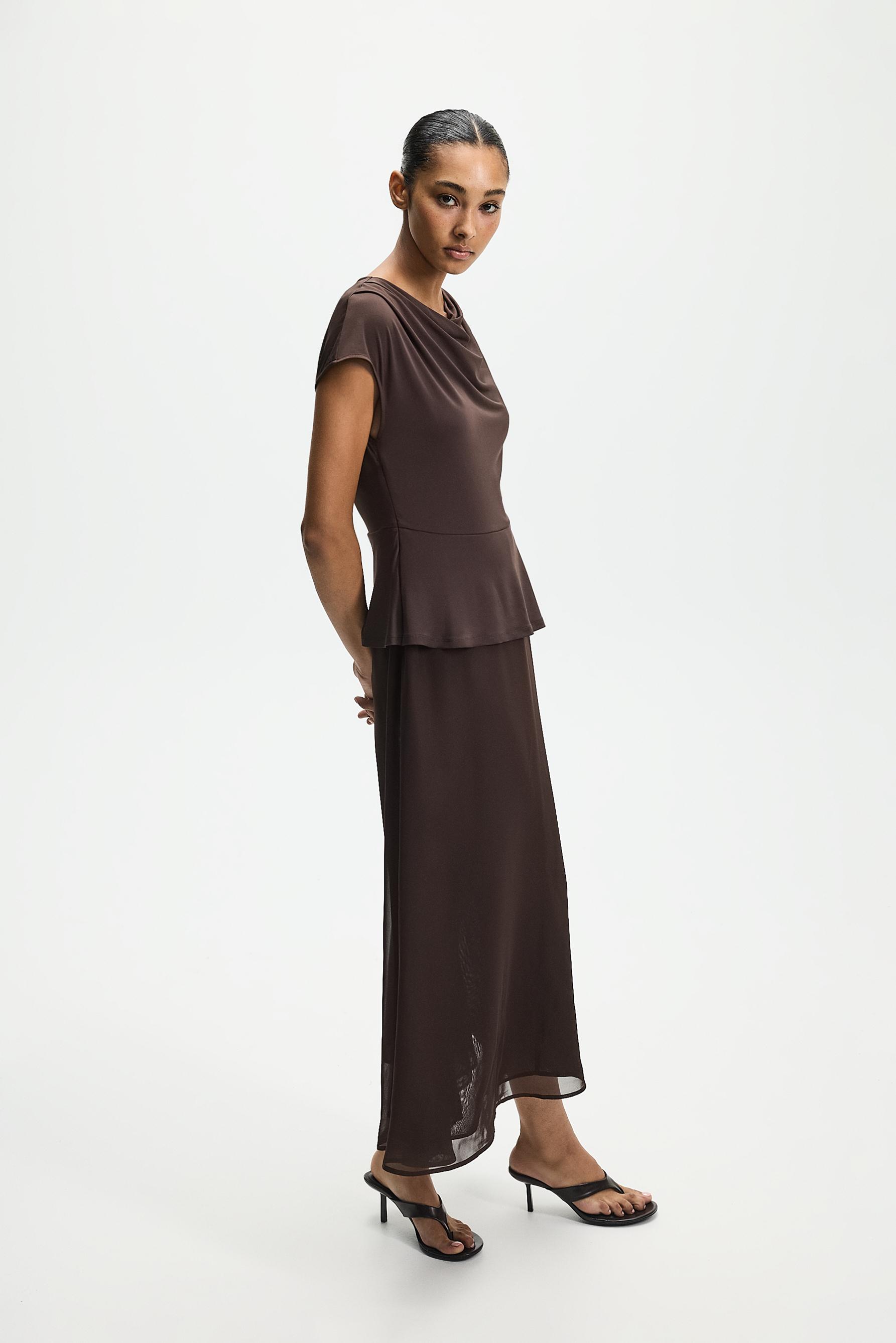 Mixed-fabric midi dress — CHOCOLATE