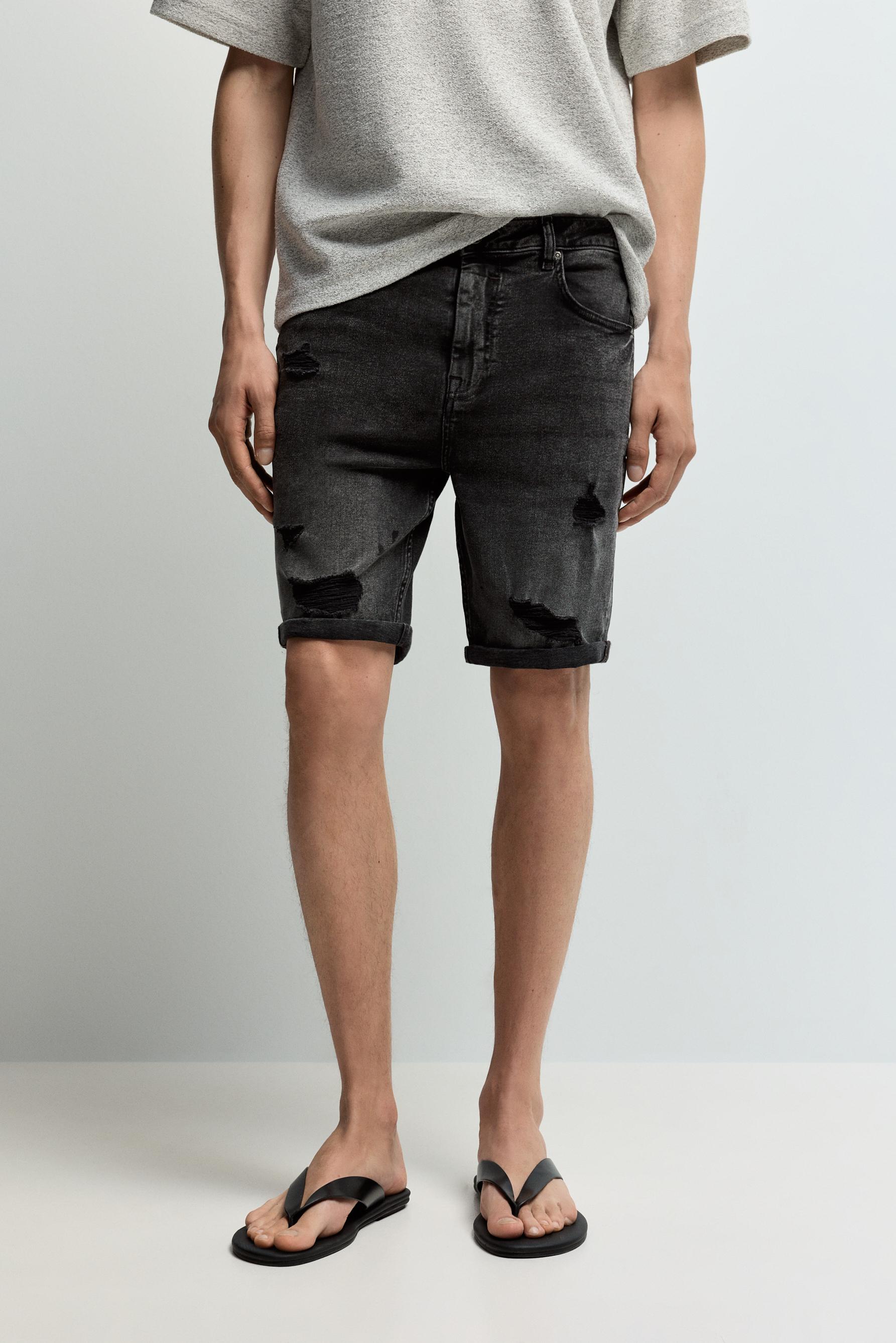 Distressed skinny denim Bermuda shorts — CHARCOAL