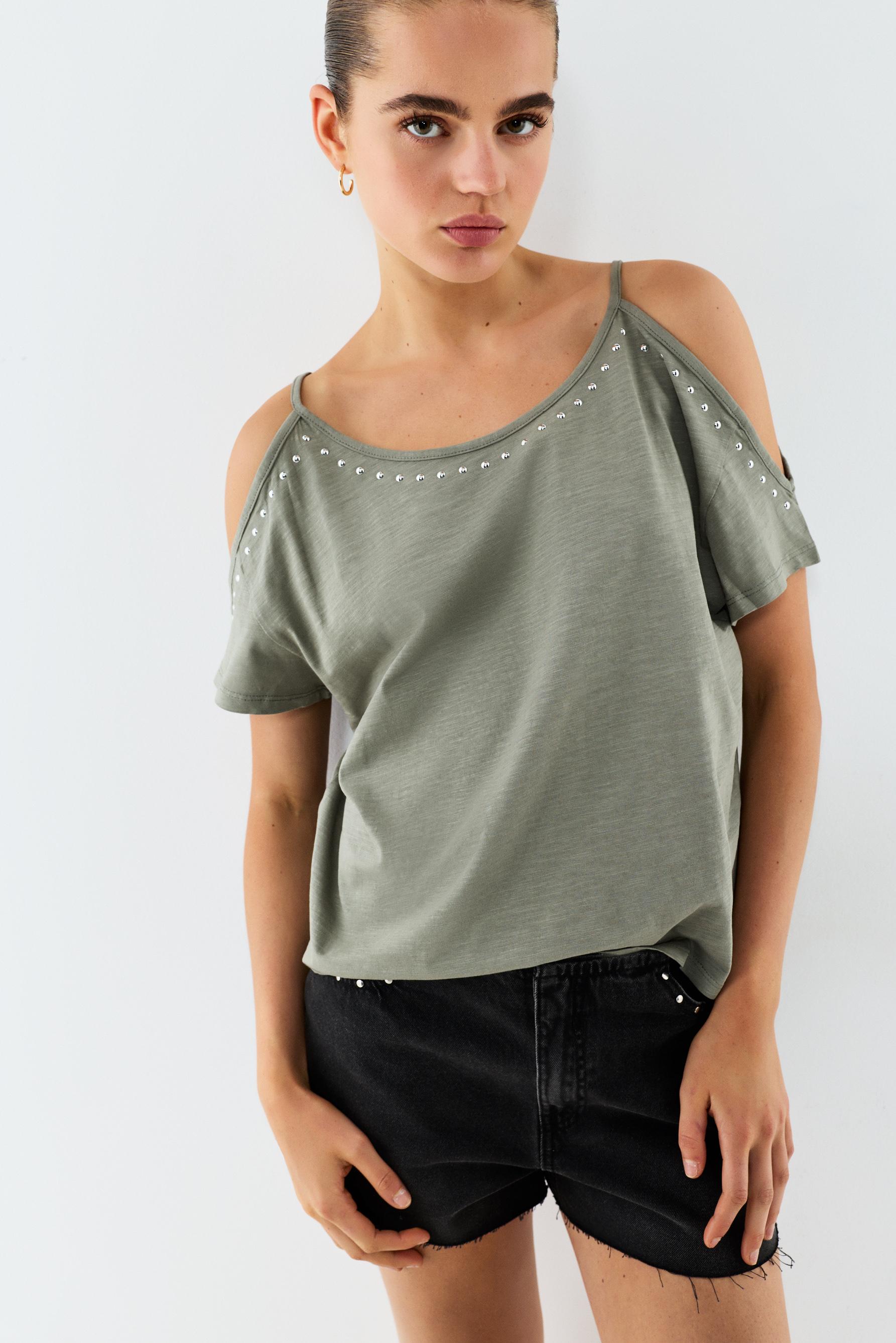 Cut-out and studded top — DARK KHAKI
