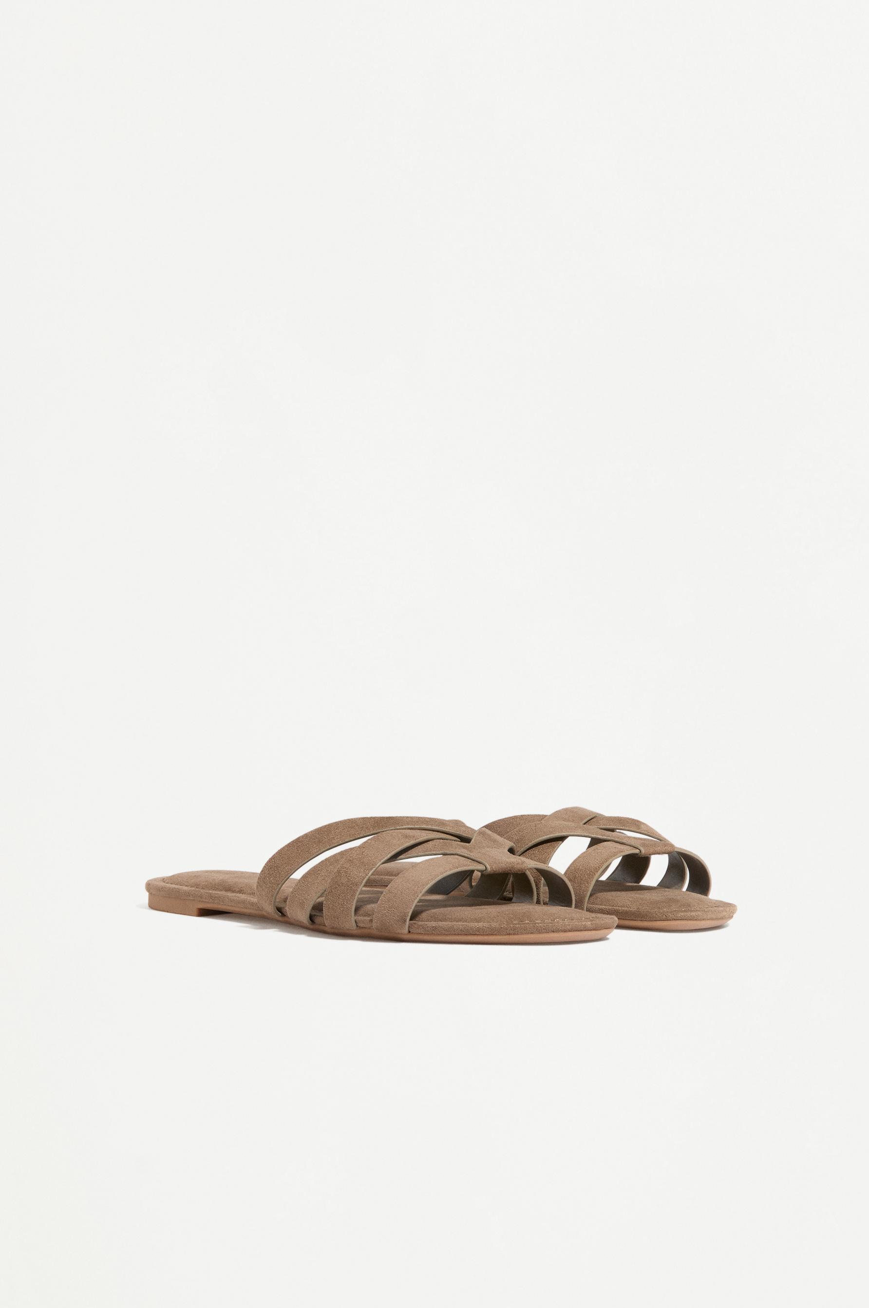 Braided faux suede flat slider sandals — KHAKI