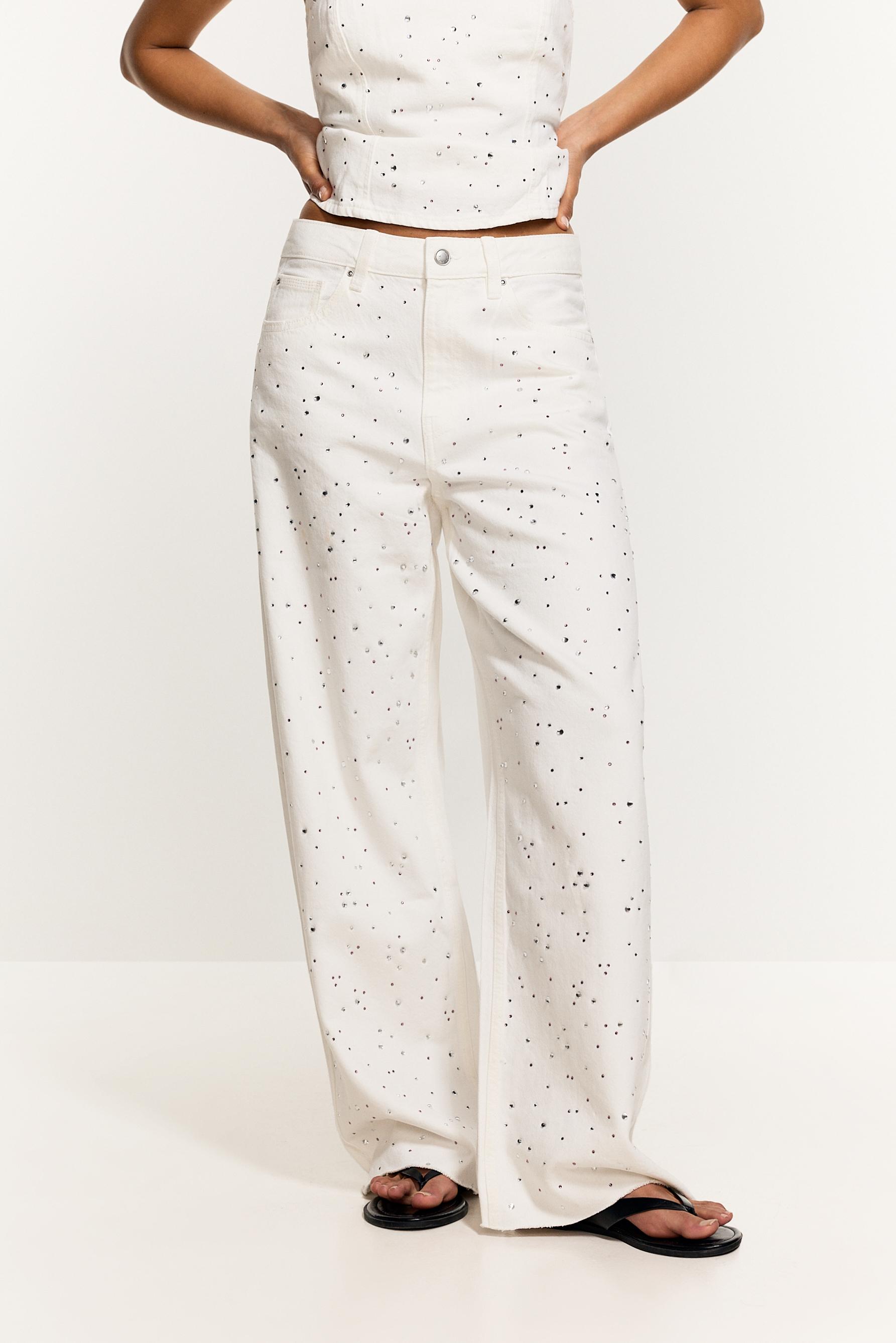 Wide-leg rhinestone jeans — WHITE