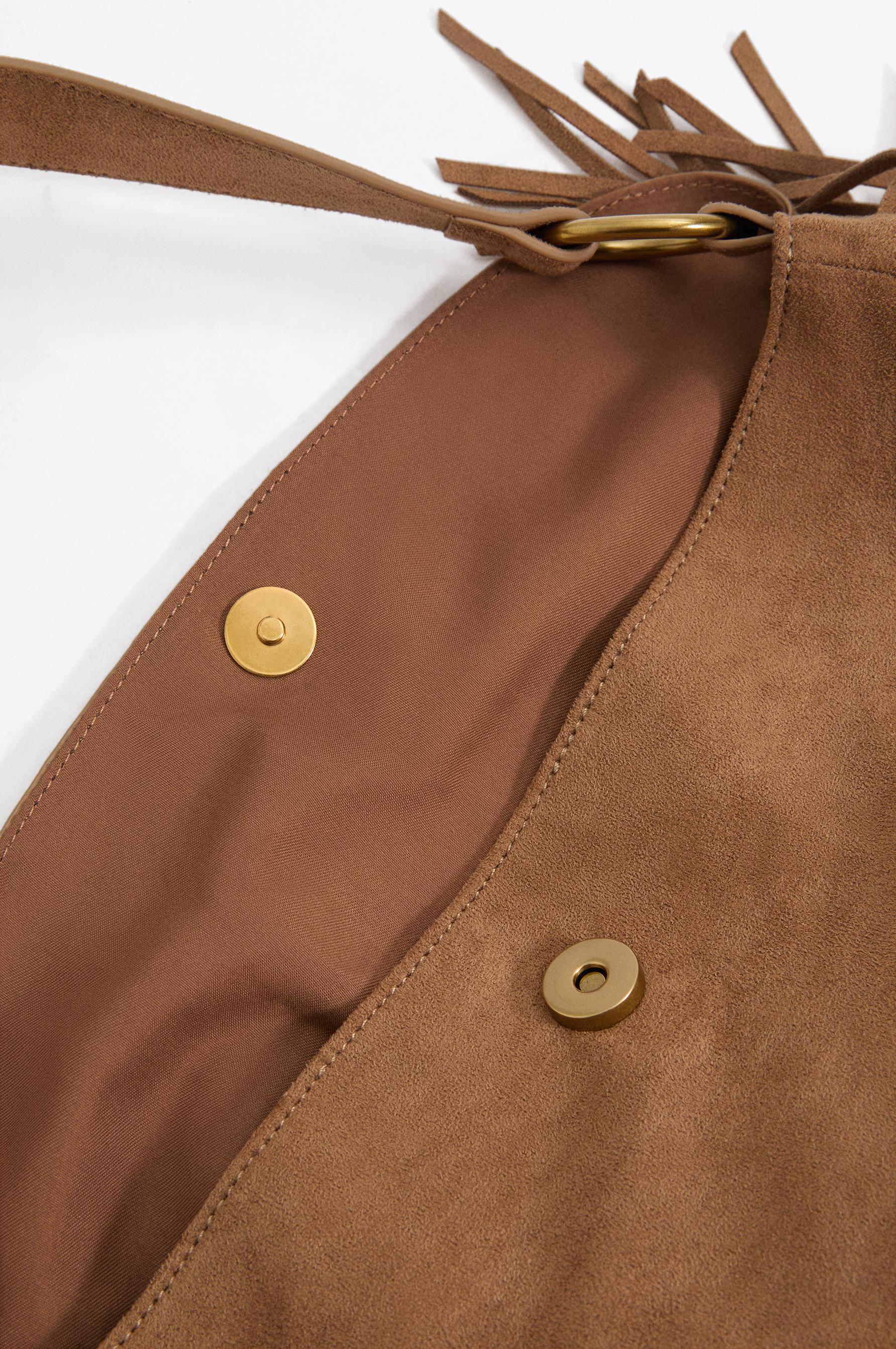 Faux suede fringe crossbody bag — CAMEL