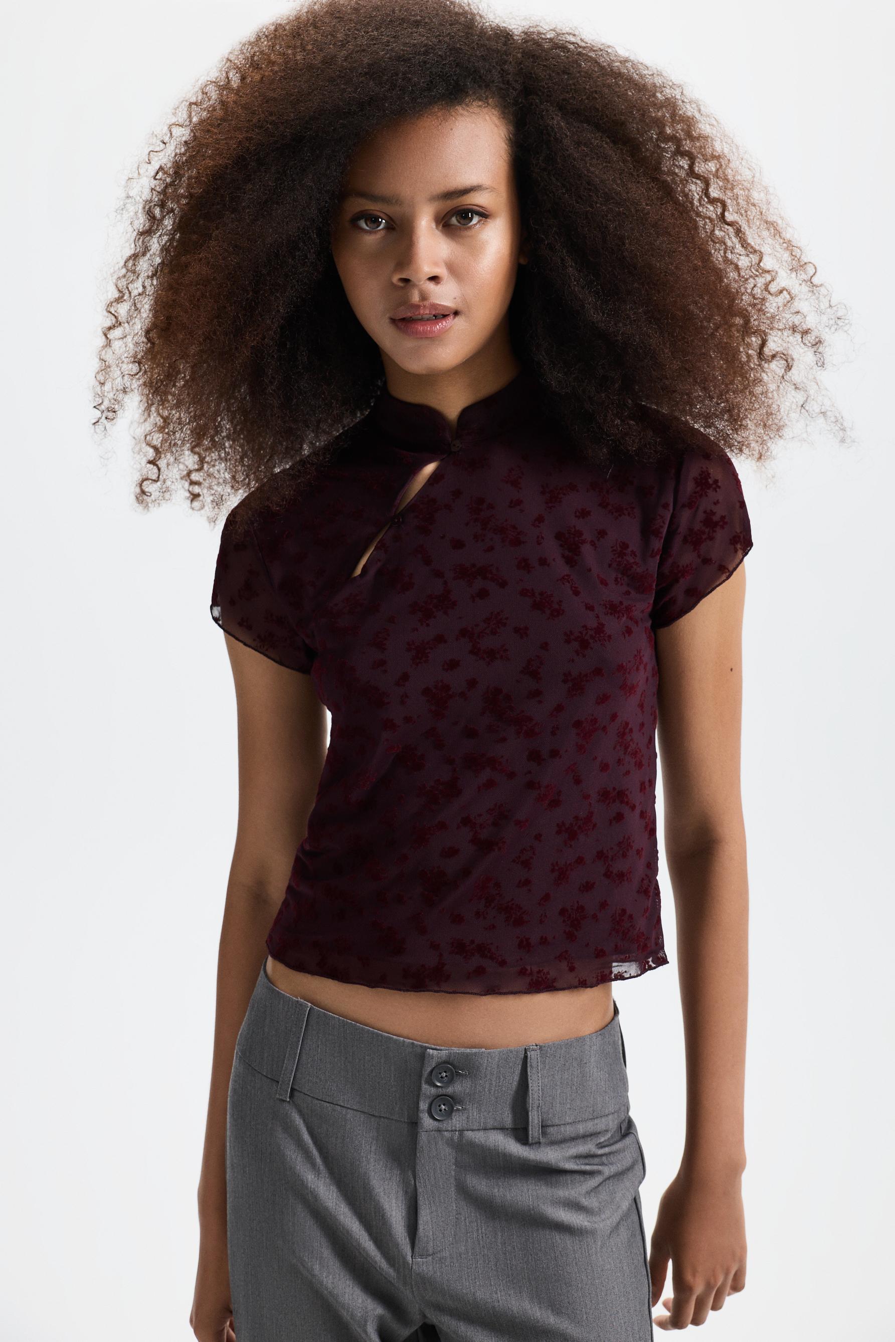 Slim fit stand collar T-shirt — MAROON