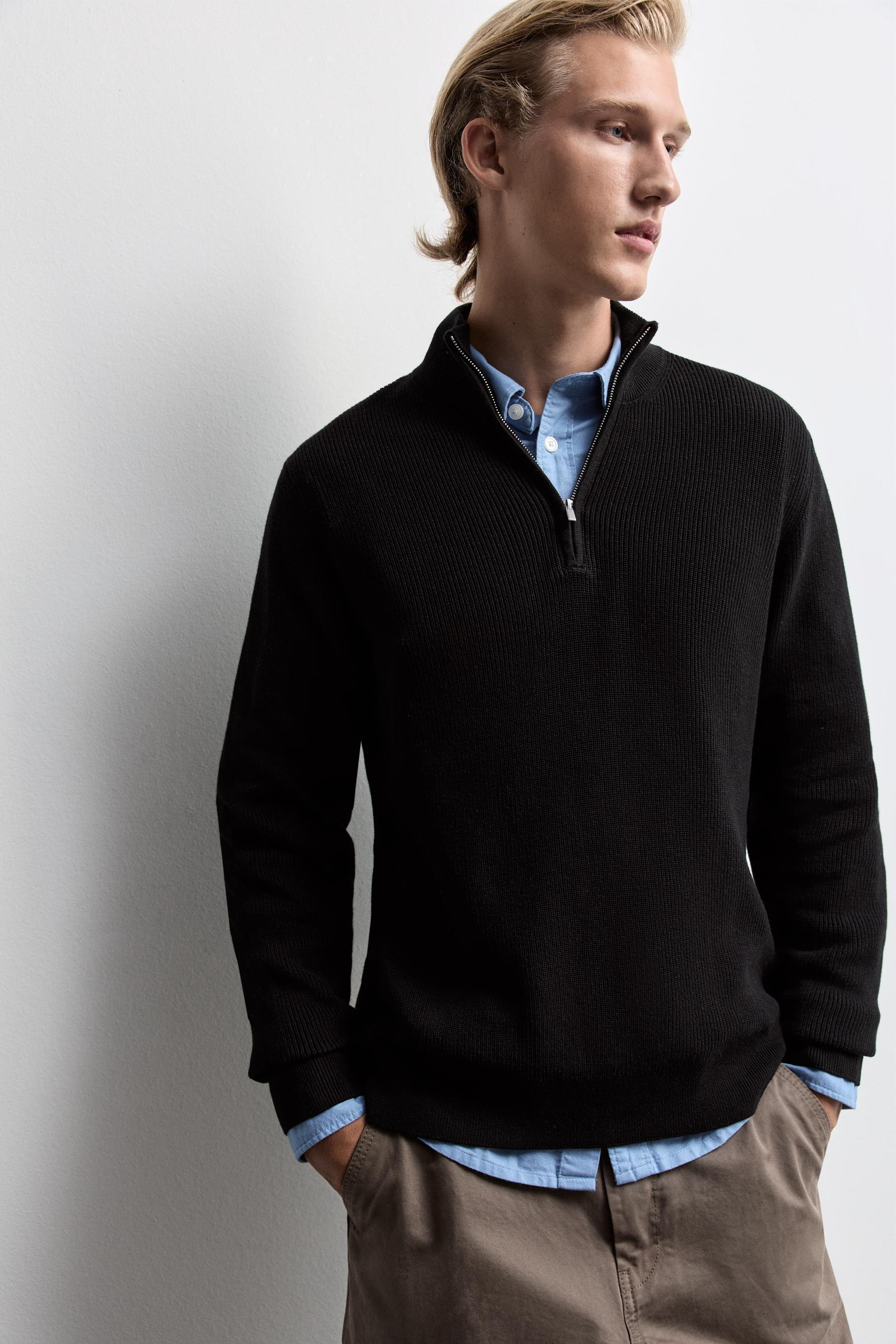 Textured zip-up sweater — BLACK