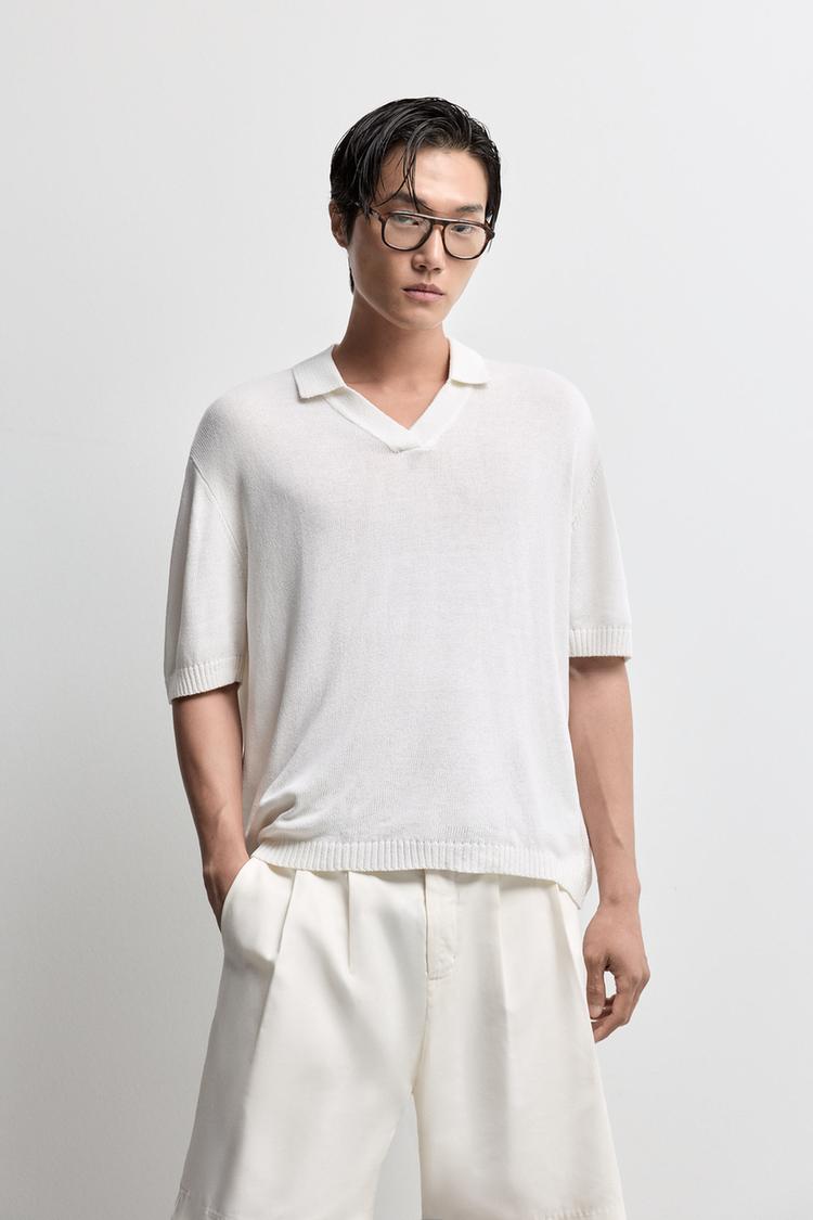 Linen blend knit polo shirt — OFF WHITE