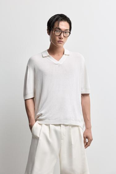 Linen blend knit polo shirt — OFF WHITE 1