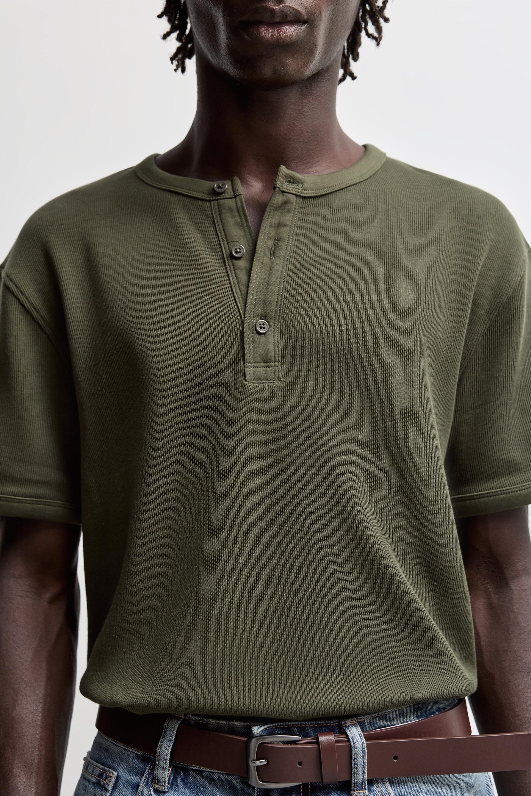 Textured henley T-shirt — MEDIUM GREEN