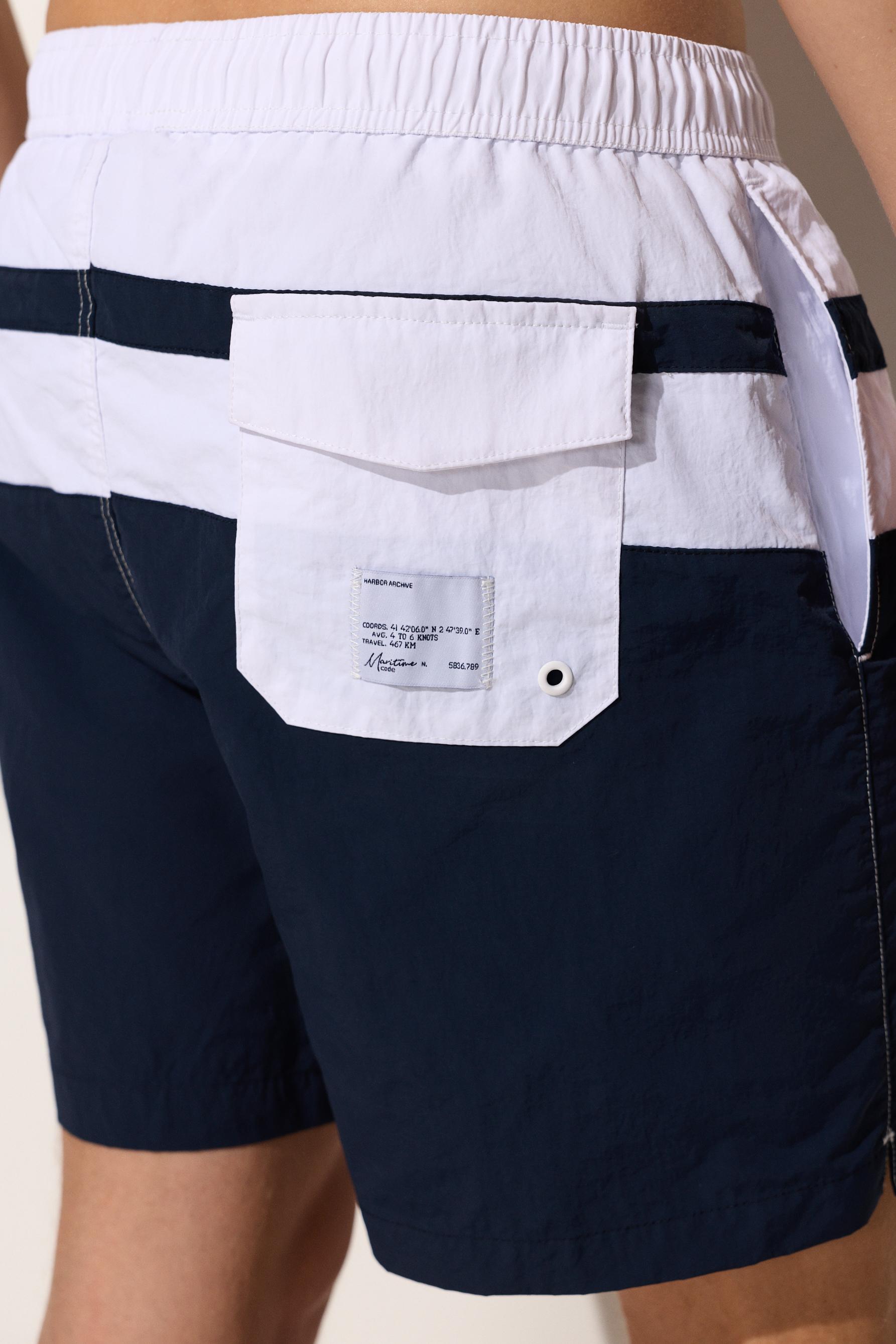 Long color block swim trunks — BLUE/WHITE
