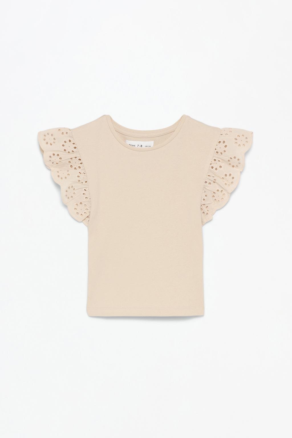 Ruffled T-shirt with Swiss embroidery