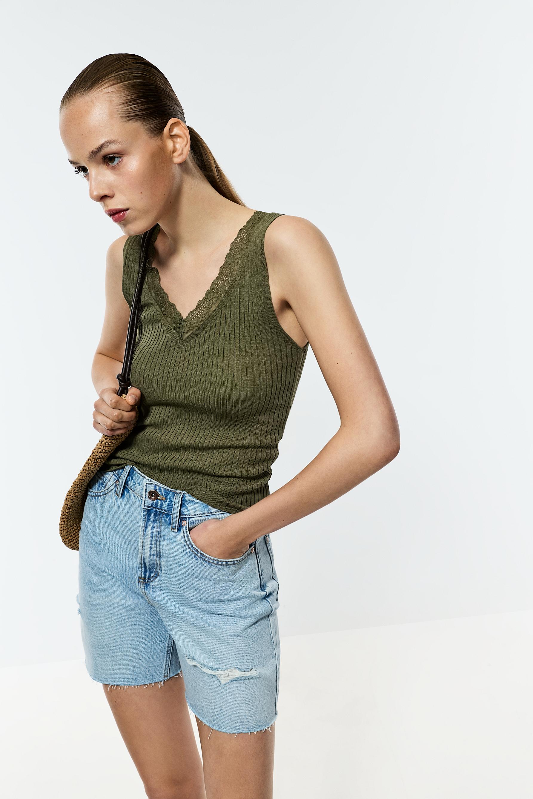 Ribbed lace knit top — KHAKI